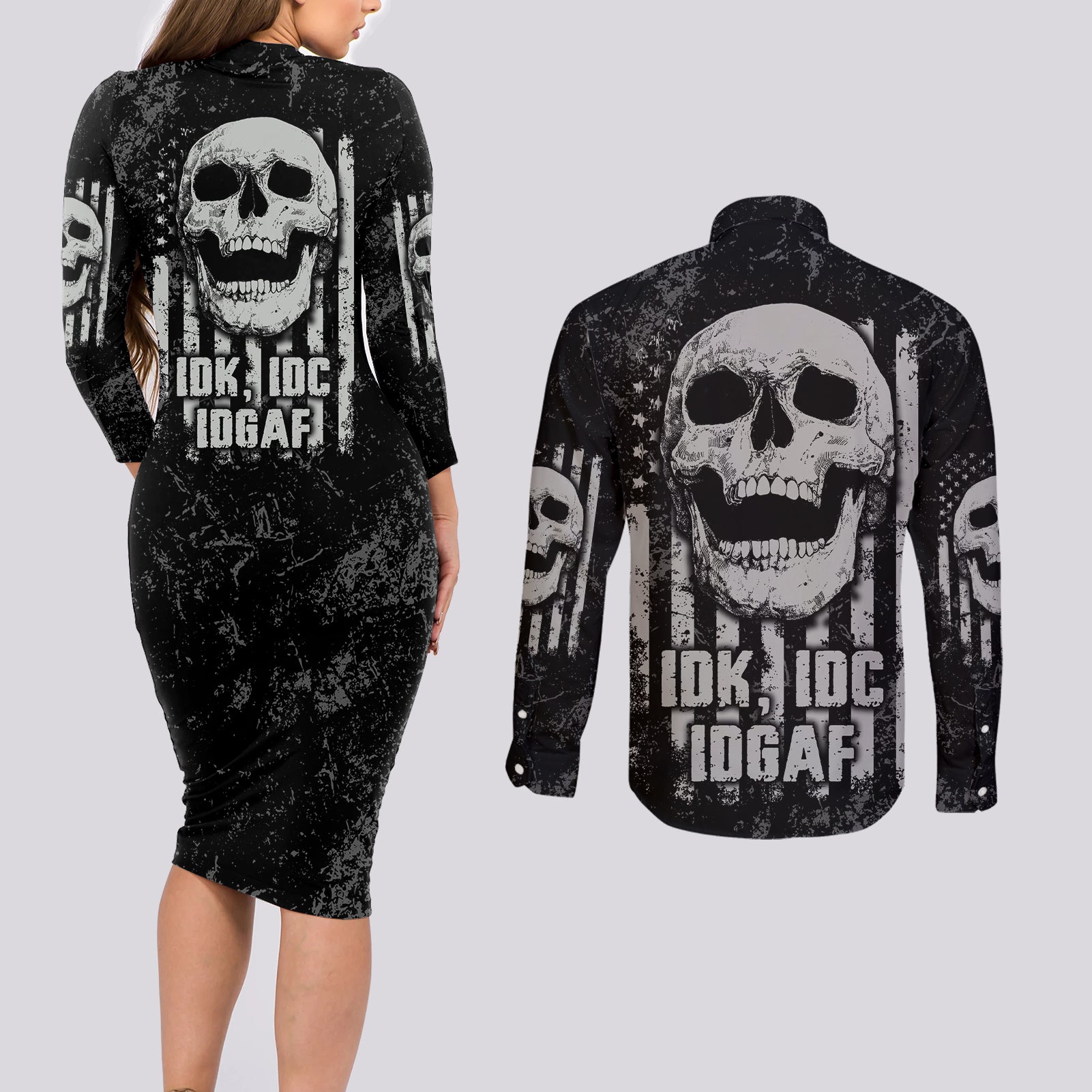 idgaf-flag-skull-couples-matching-long-sleeve-bodycon-dress-and-long-sleeve-button-shirt