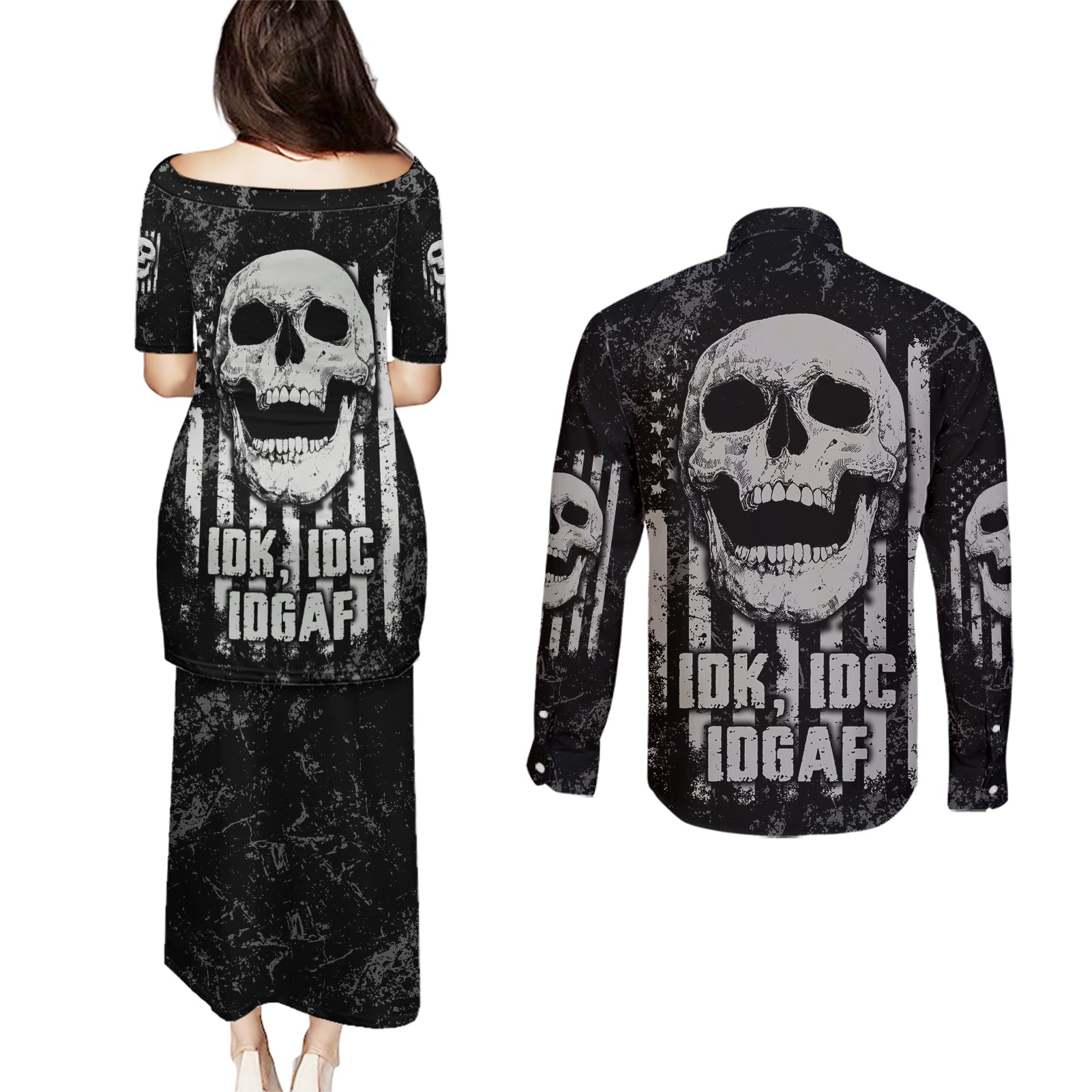 idgaf-flag-skull-couples-matching-puletasi-dress-and-long-sleeve-button-shirt