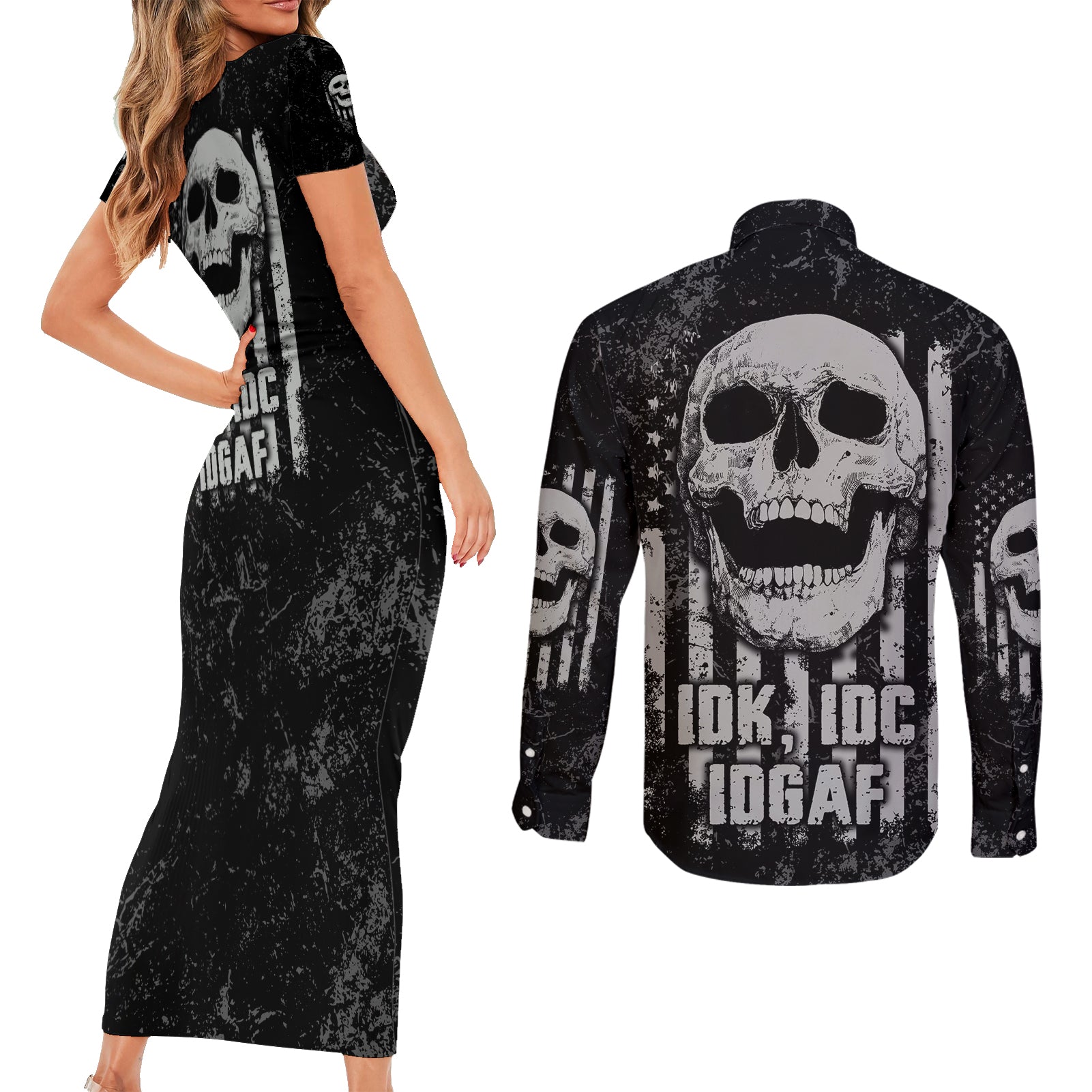 idgaf-flag-skull-couples-matching-short-sleeve-bodycon-dress-and-long-sleeve-button-shirt