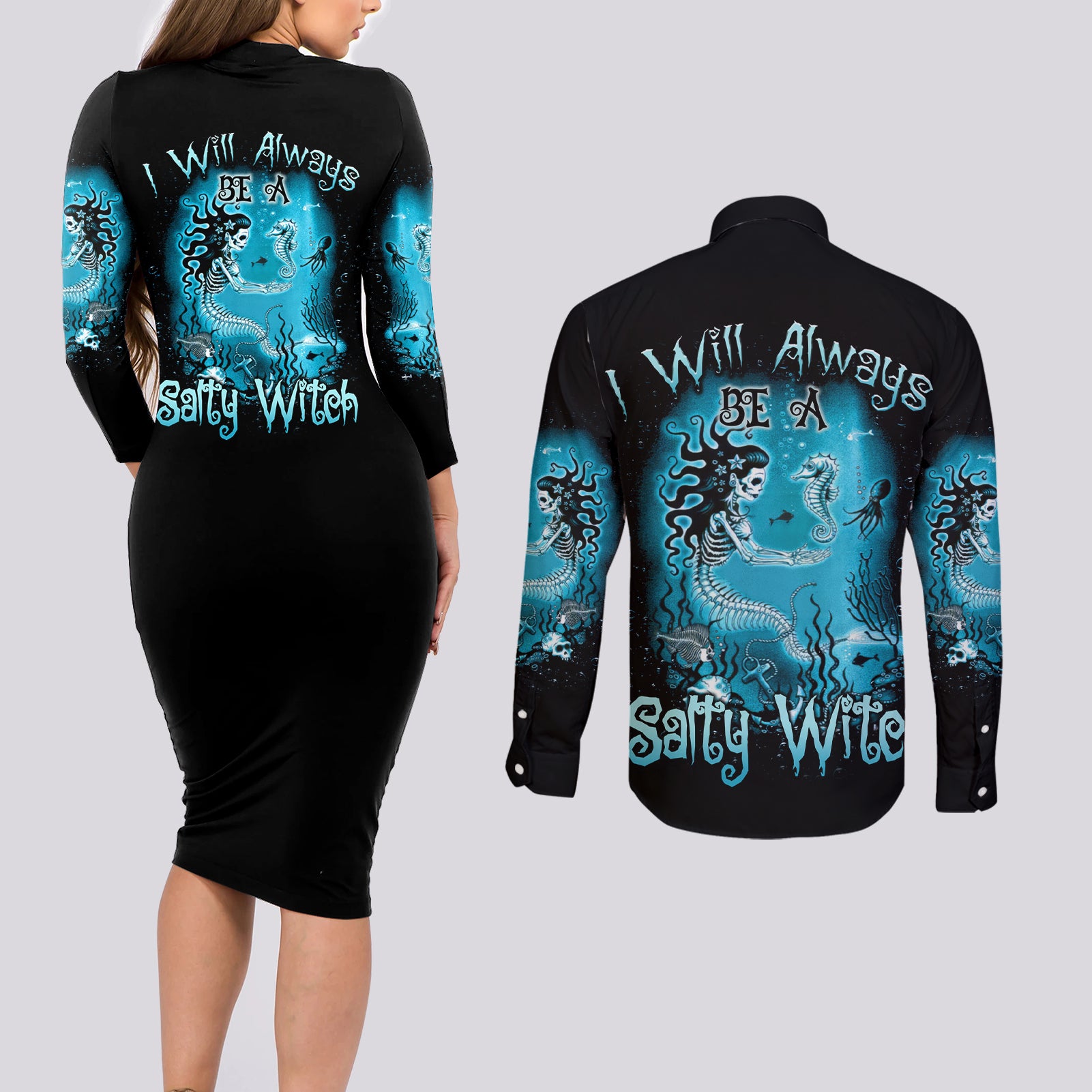 salty-witch-mermaid-halloween-couples-matching-long-sleeve-bodycon-dress-and-long-sleeve-button-shirt