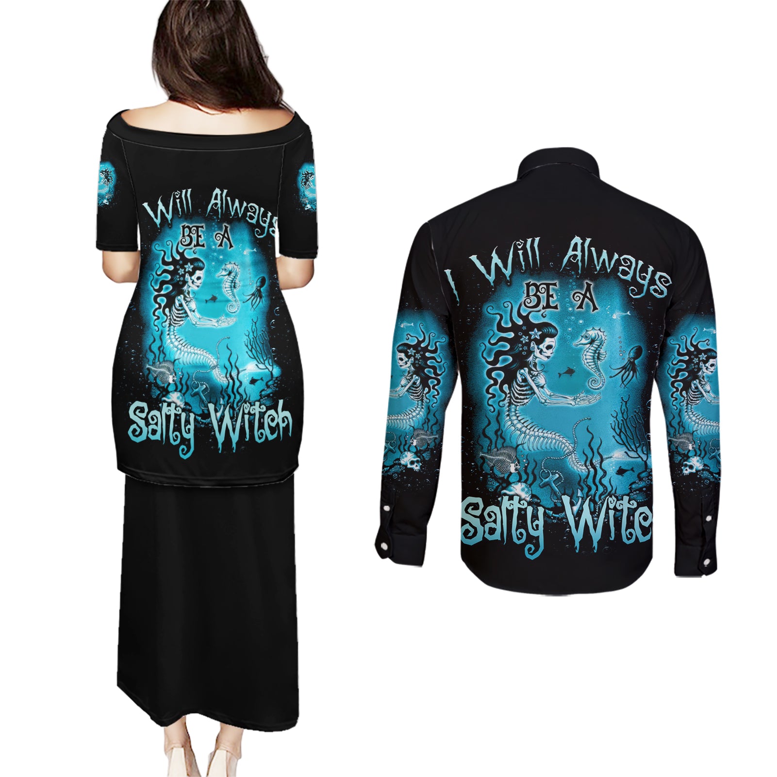 salty-witch-mermaid-halloween-couples-matching-puletasi-dress-and-long-sleeve-button-shirt