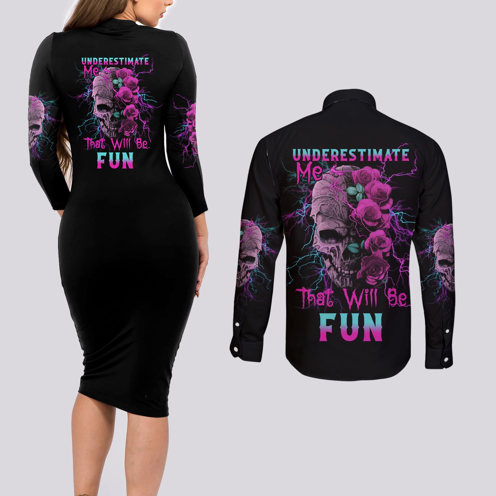 underestimate-me-rose-skull-couples-matching-long-sleeve-bodycon-dress-and-long-sleeve-button-shirt