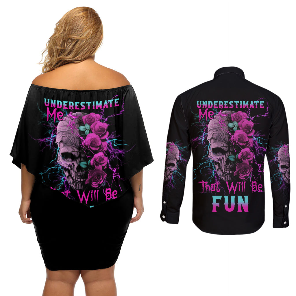 underestimate-me-rose-skull-couples-matching-off-shoulder-short-dress-and-long-sleeve-button-shirt