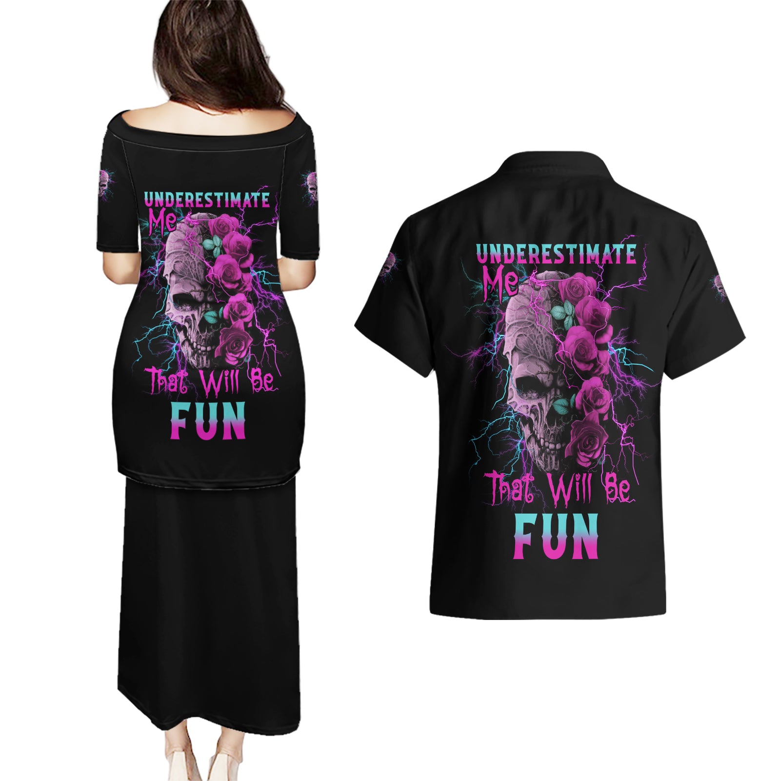 underestimate-me-rose-skull-couples-matching-puletasi-dress-and-hawaiian-shirt