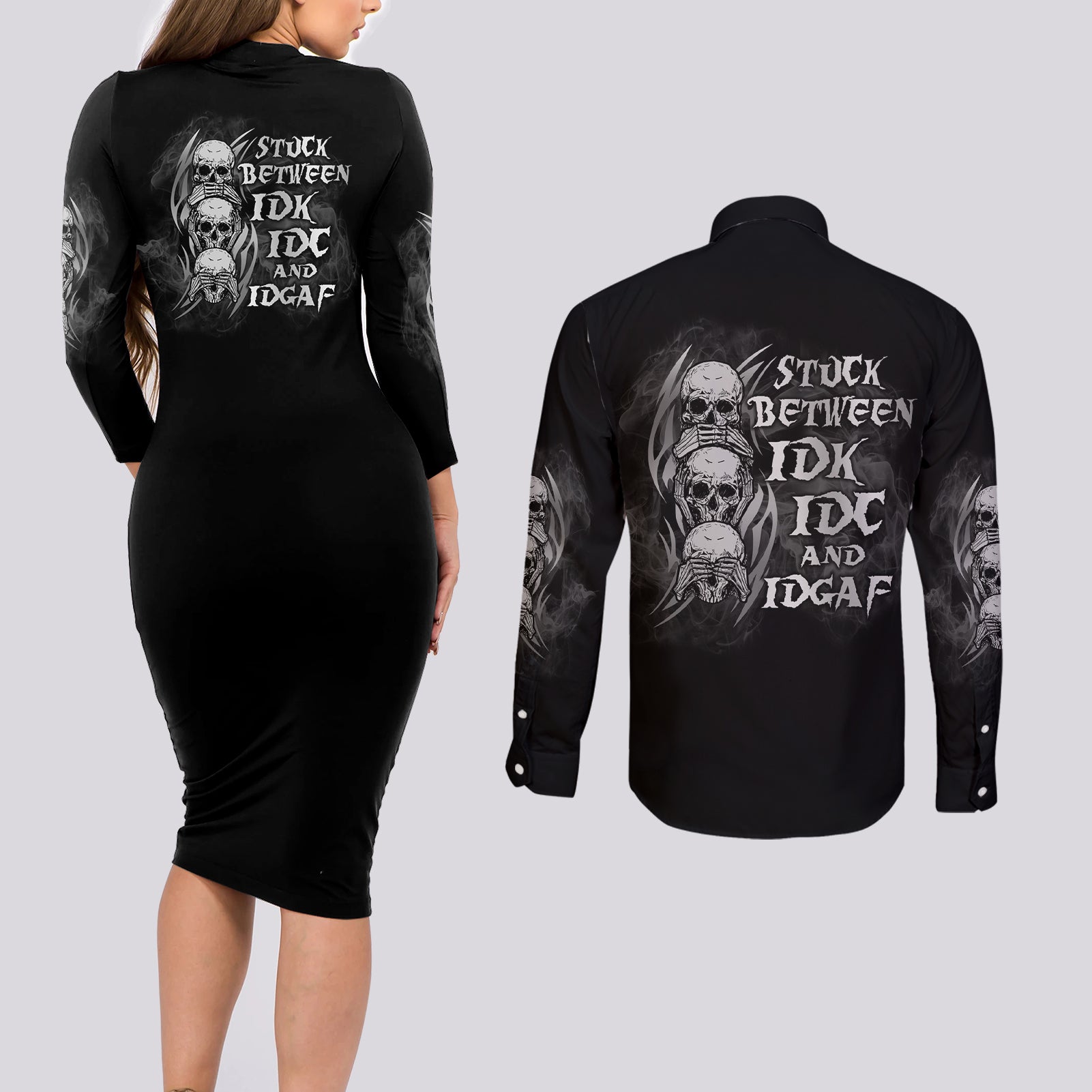 im-never-alone-skull-reaper-couples-matching-long-sleeve-bodycon-dress-and-long-sleeve-button-shirt