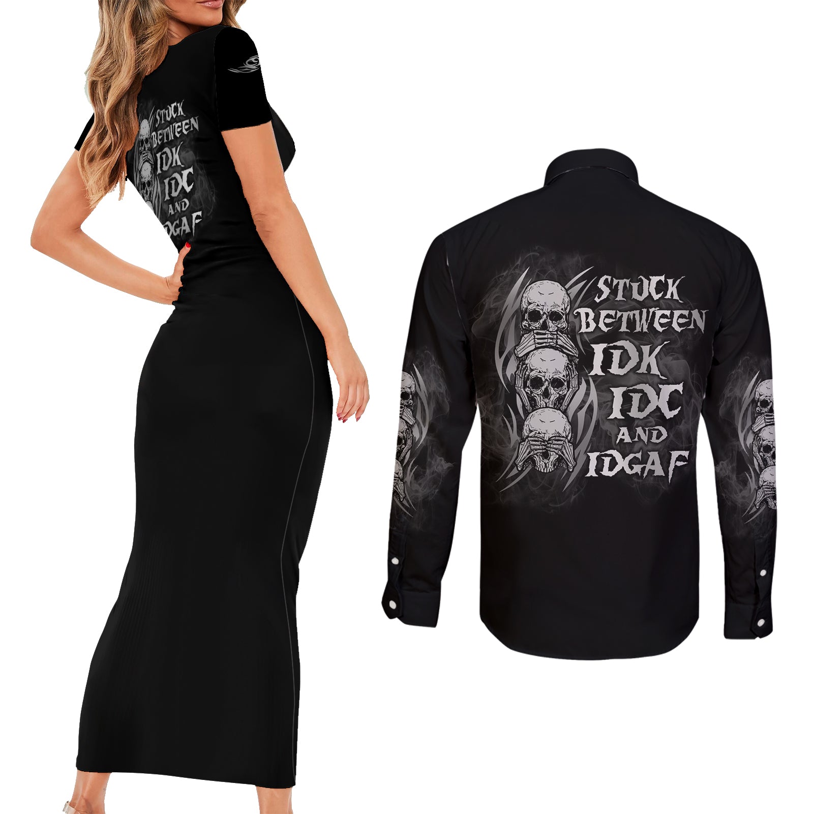 im-never-alone-skull-reaper-couples-matching-short-sleeve-bodycon-dress-and-long-sleeve-button-shirt