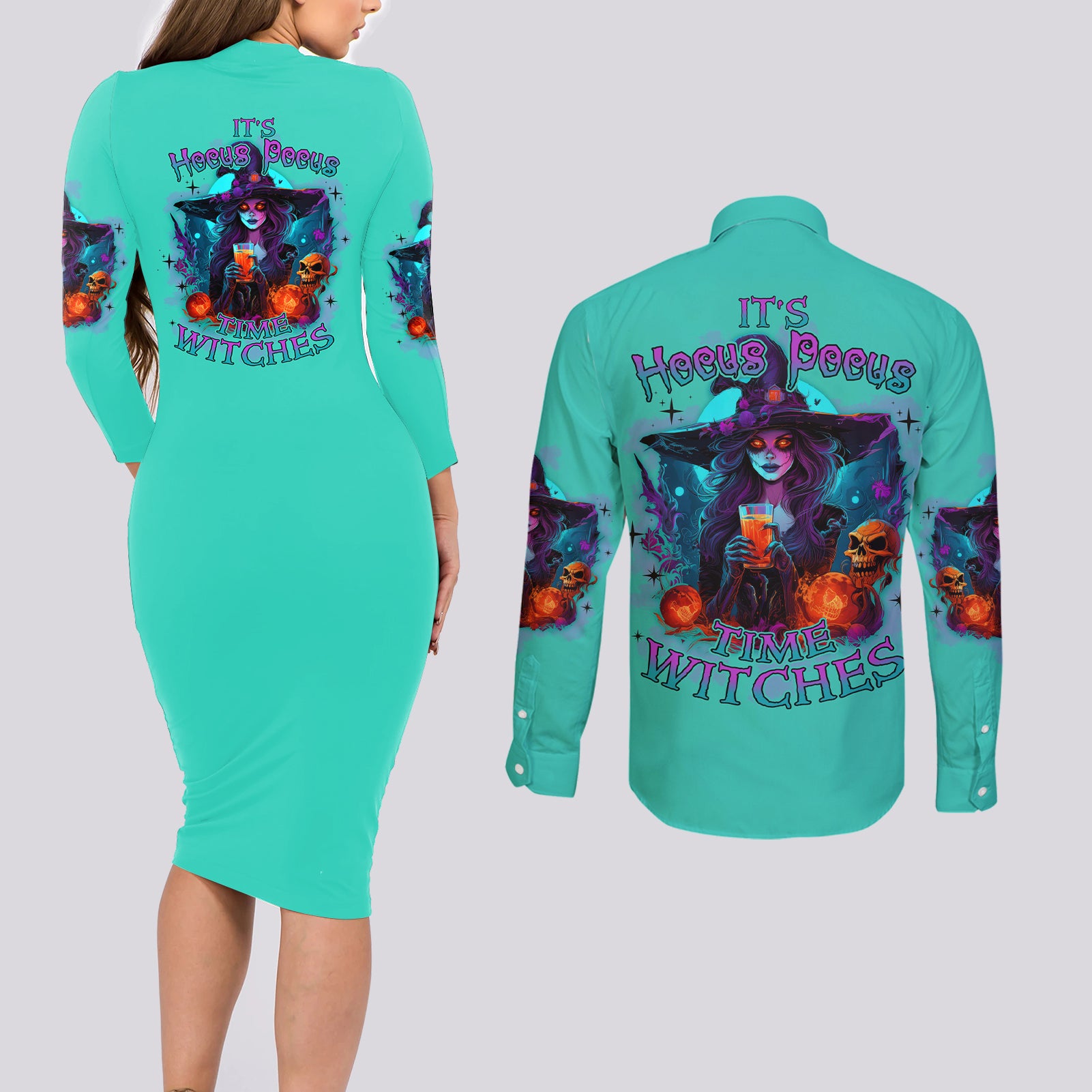 hocus-pocus-time-witches-halloween-couples-matching-long-sleeve-bodycon-dress-and-long-sleeve-button-shirt