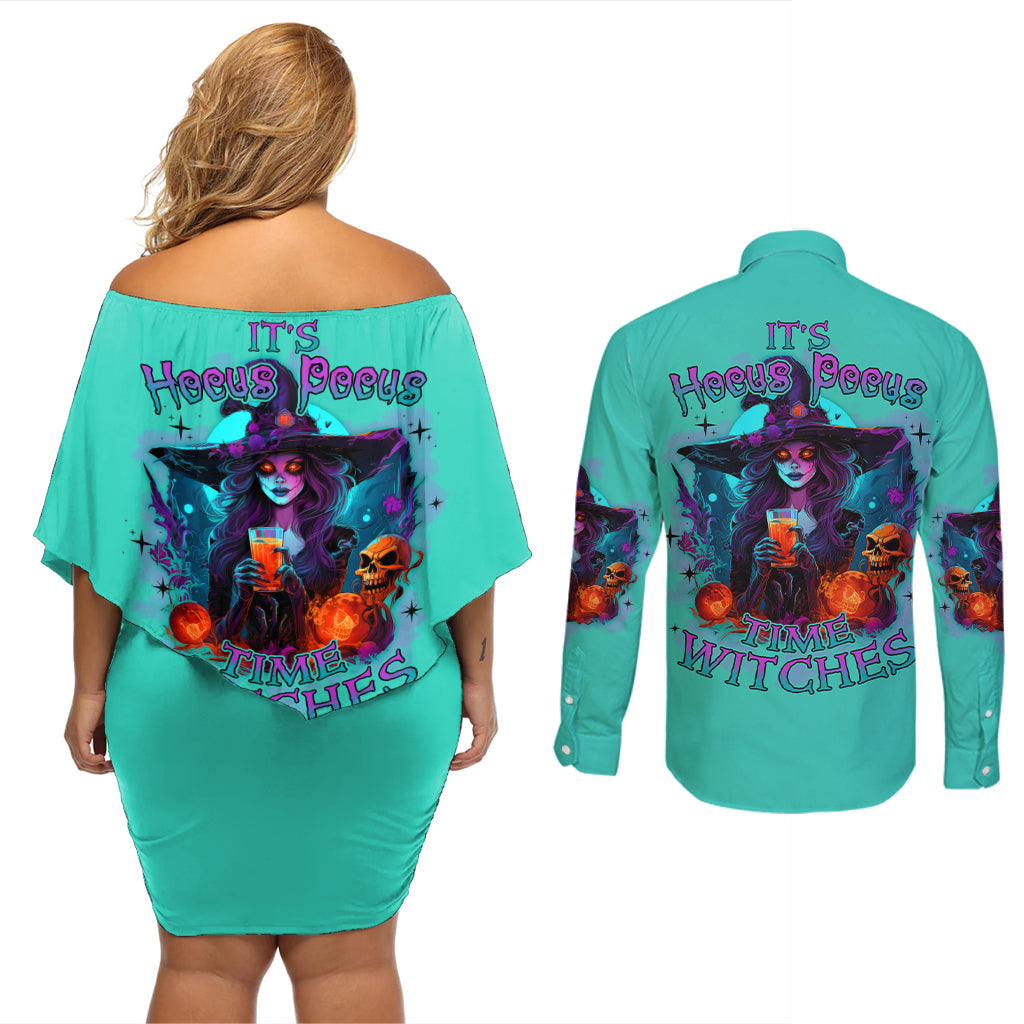 hocus-pocus-time-witches-halloween-couples-matching-off-shoulder-short-dress-and-long-sleeve-button-shirt