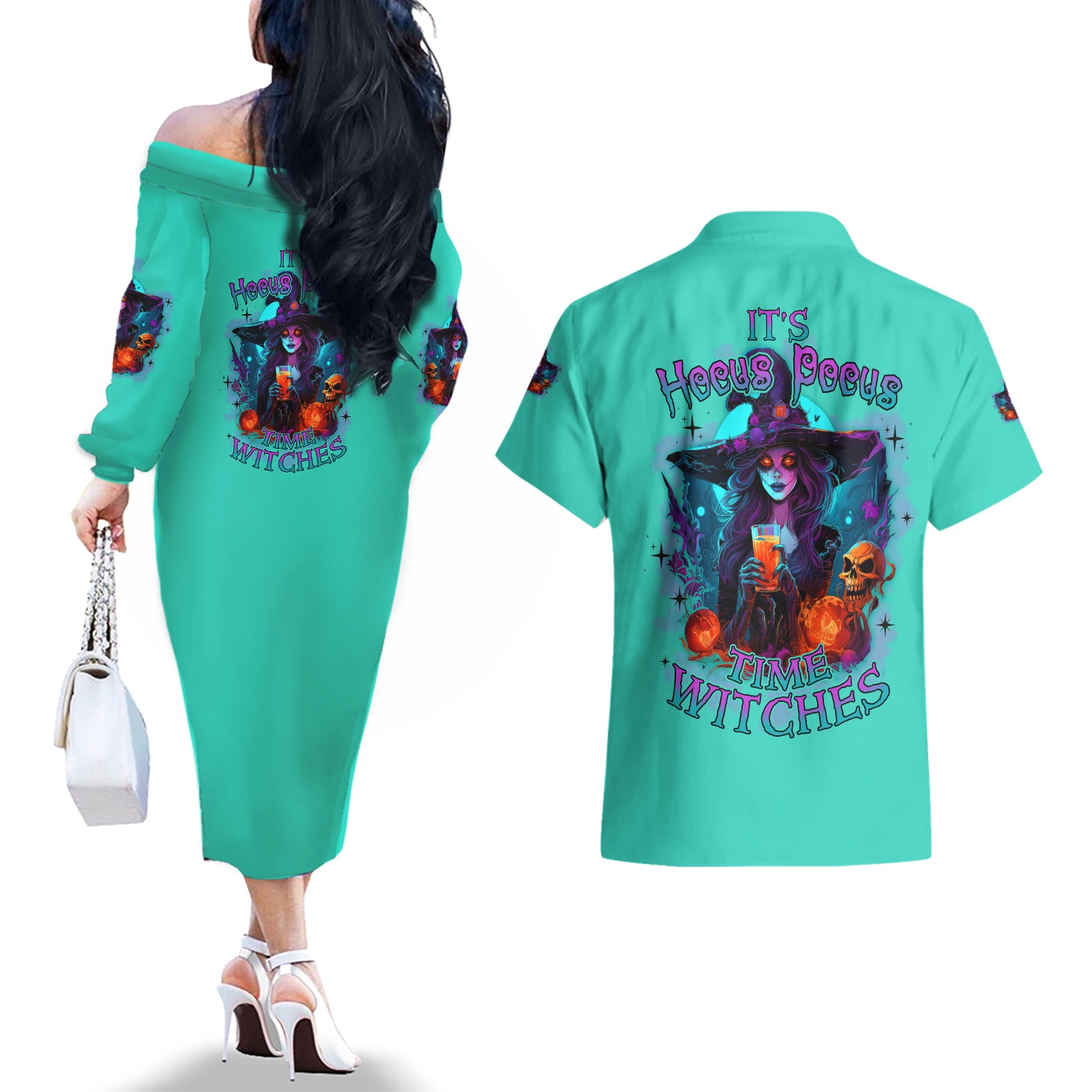 hocus-pocus-time-witches-halloween-couples-matching-off-the-shoulder-long-sleeve-dress-and-hawaiian-shirt