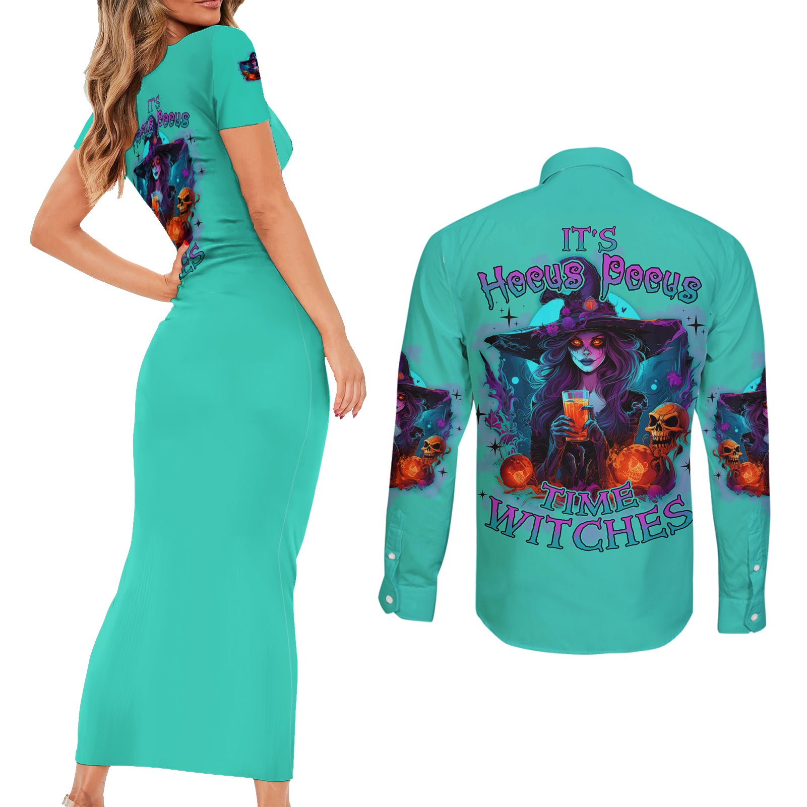 hocus-pocus-time-witches-halloween-couples-matching-short-sleeve-bodycon-dress-and-long-sleeve-button-shirt