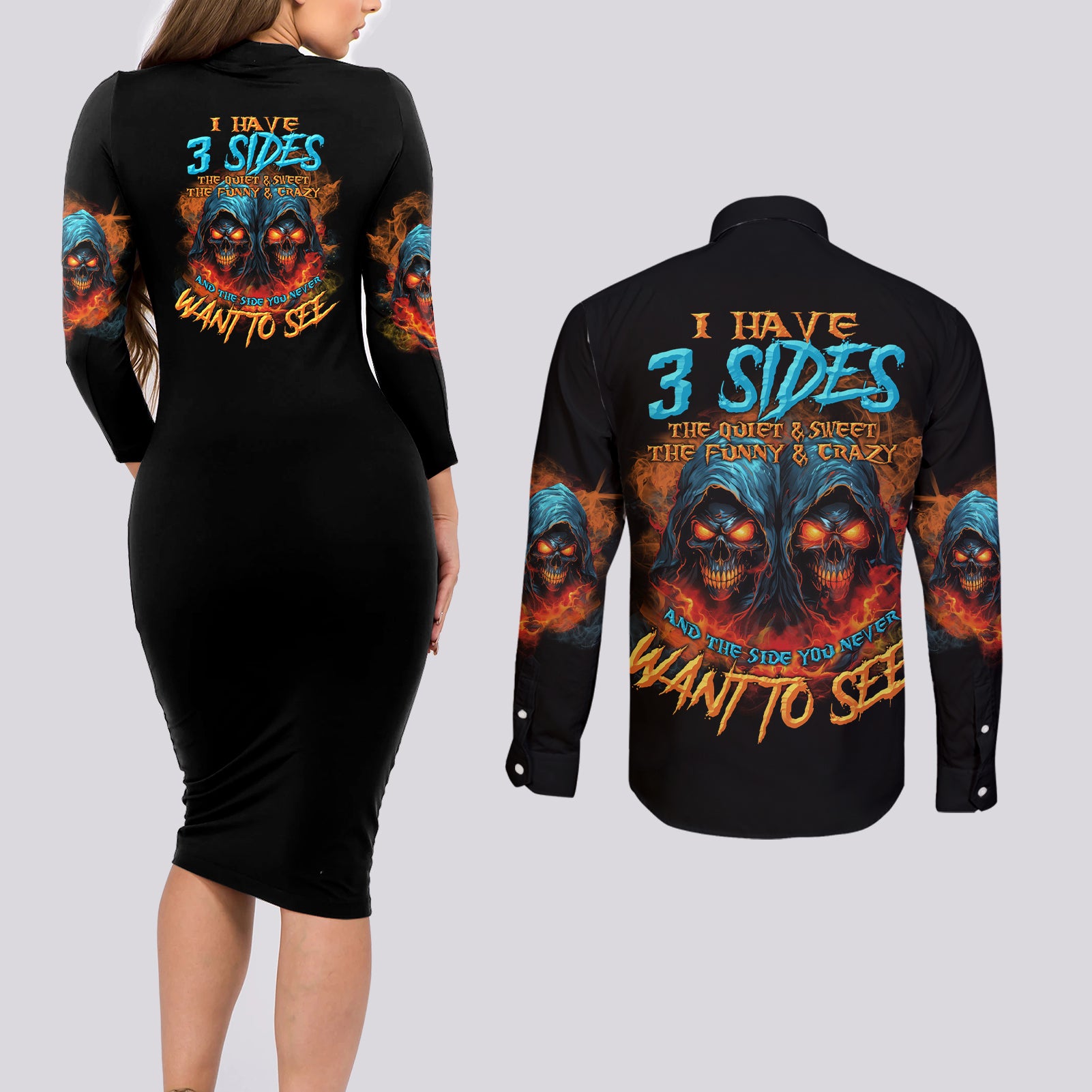 i-have-3-sides-skull-reaper-couples-matching-long-sleeve-bodycon-dress-and-long-sleeve-button-shirt