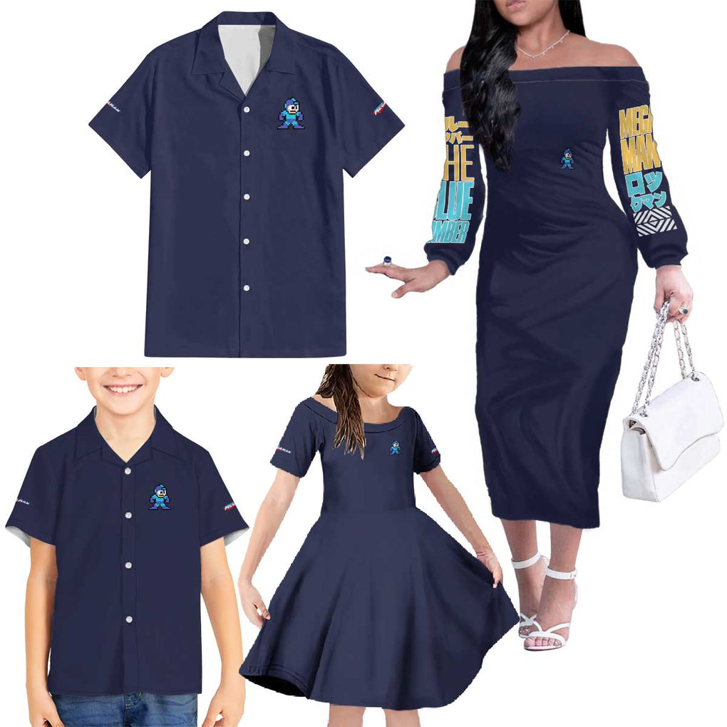 Rock Man Mega Man Family Matching Off The Shoulder Long Sleeve Dress and Hawaiian Shirt Japan Anime Style