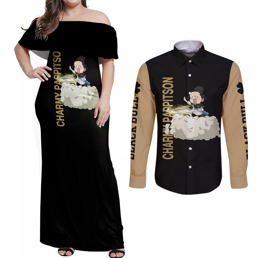 Black Bull Charmy Couples Matching Off Shoulder Maxi Dress and Long Sleeve Button Shirt