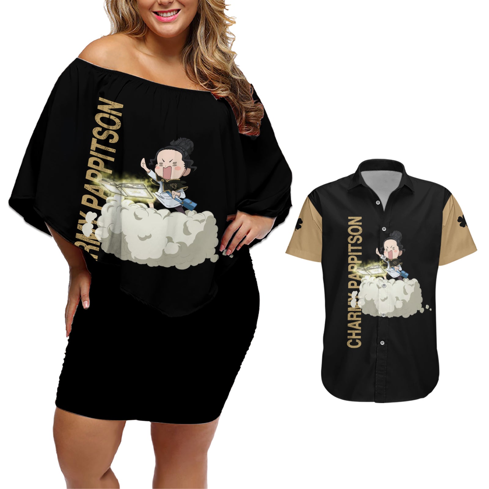 Black Bull Charmy Couples Matching Off Shoulder Short Dress and Hawaiian Shirt