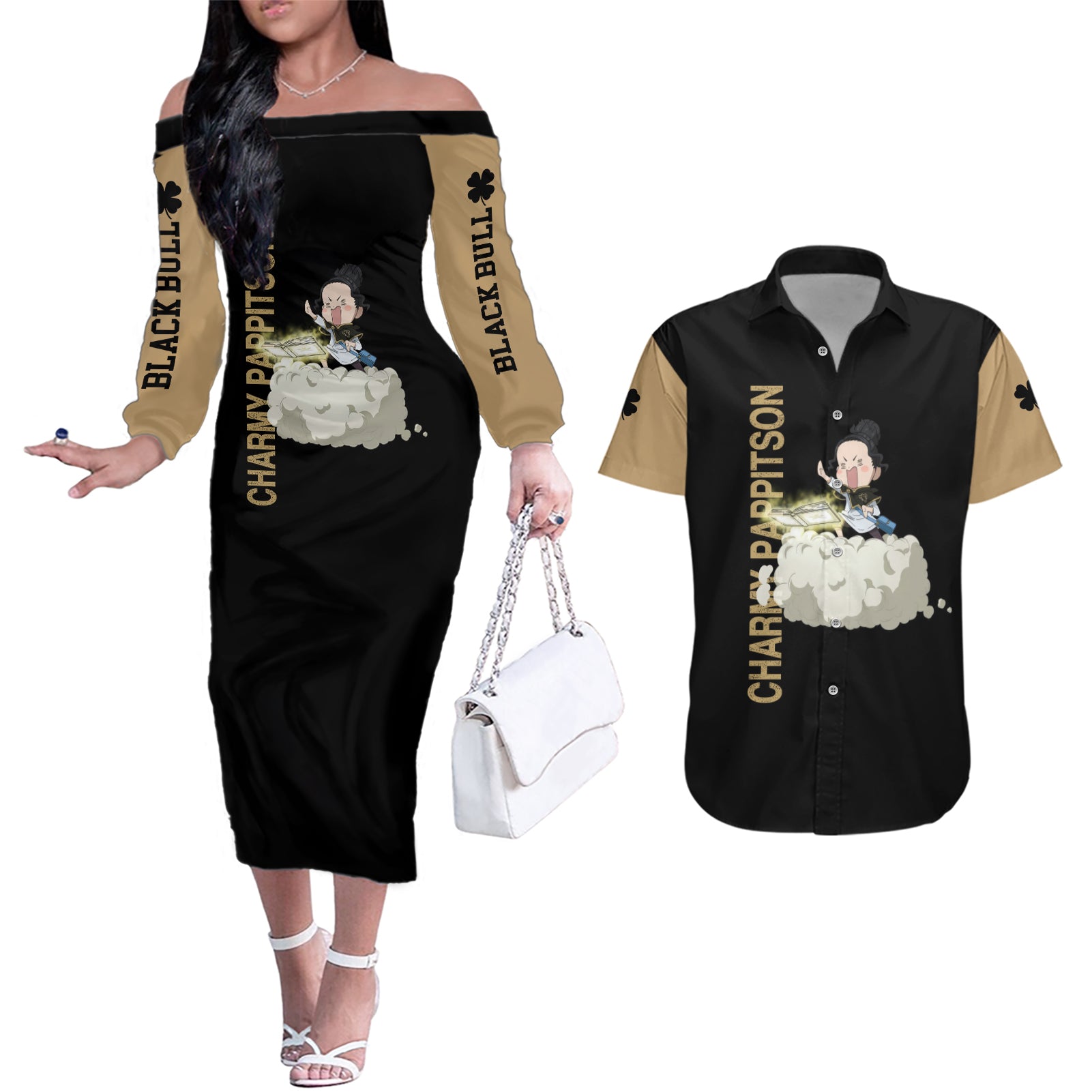 Black Bull Charmy Couples Matching Off The Shoulder Long Sleeve Dress and Hawaiian Shirt