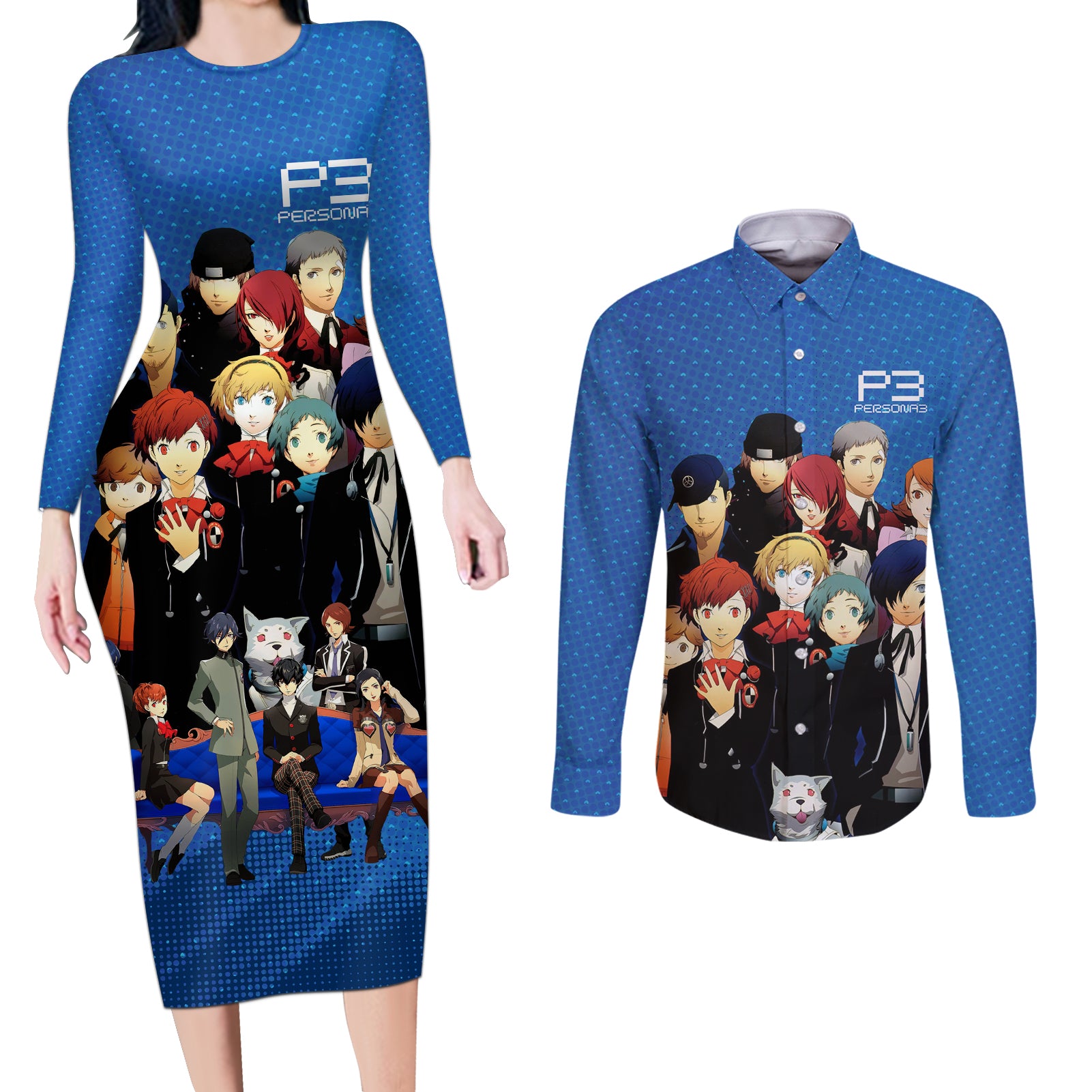 Persona 3 Team Anime Couples Matching Long Sleeve Bodycon Dress and Long Sleeve Button Shirt