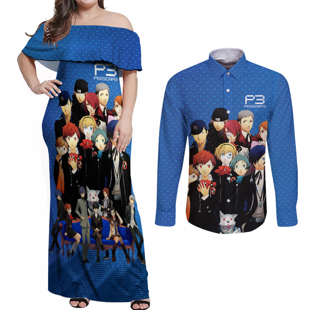 Persona 3 Team Anime Couples Matching Off Shoulder Maxi Dress and Long Sleeve Button Shirt