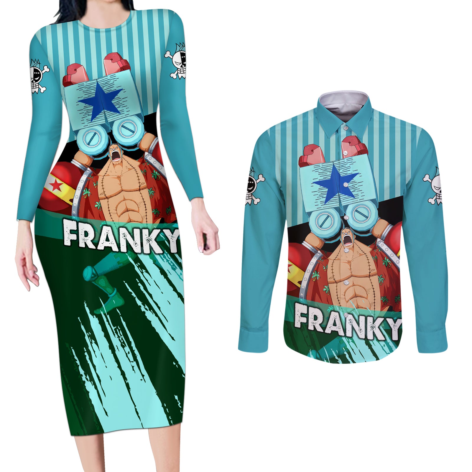 Franky One Piece Couples Matching Long Sleeve Bodycon Dress and Long Sleeve Button Shirt