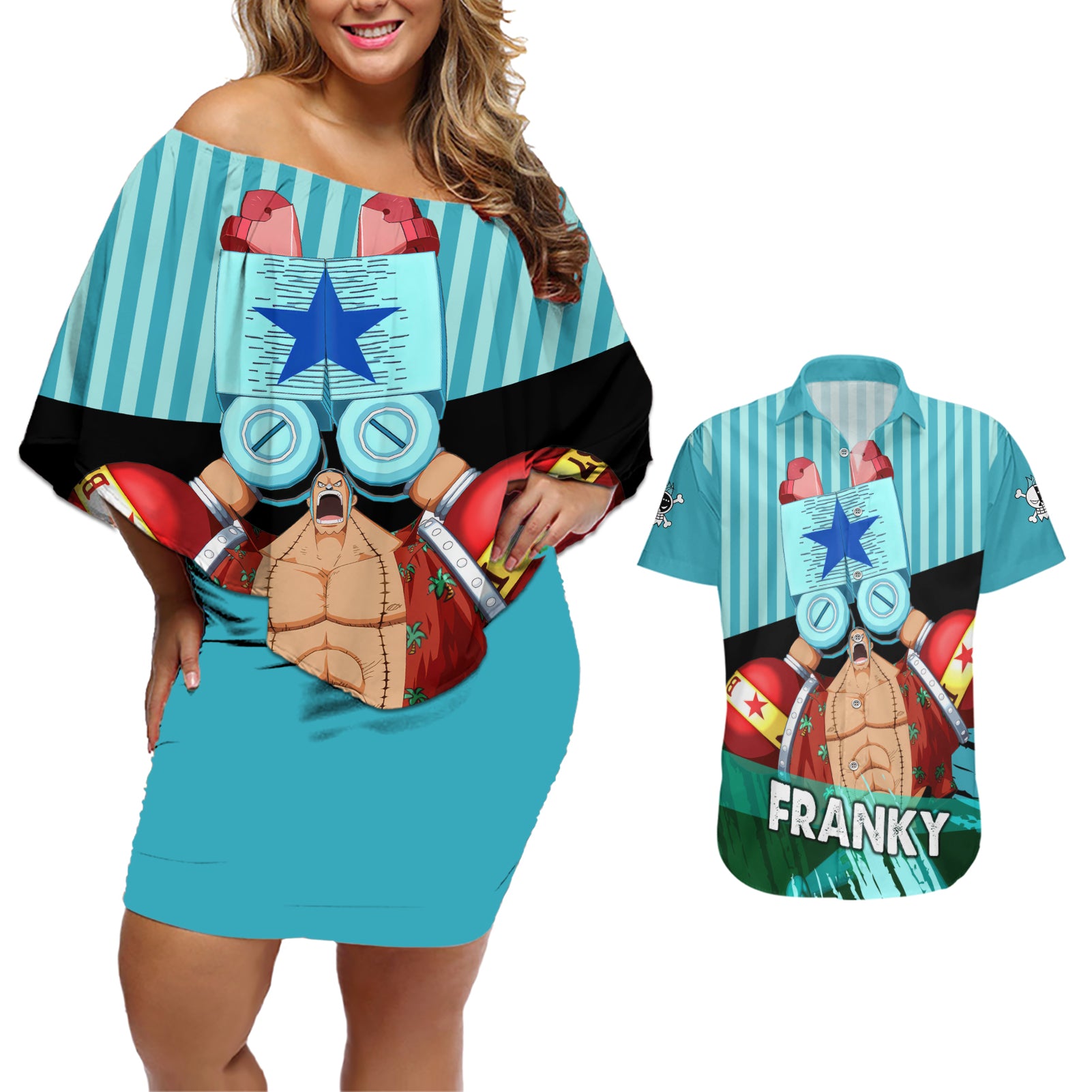 Franky One Piece Couples Matching Off Shoulder Short Dress and Hawaiian Shirt