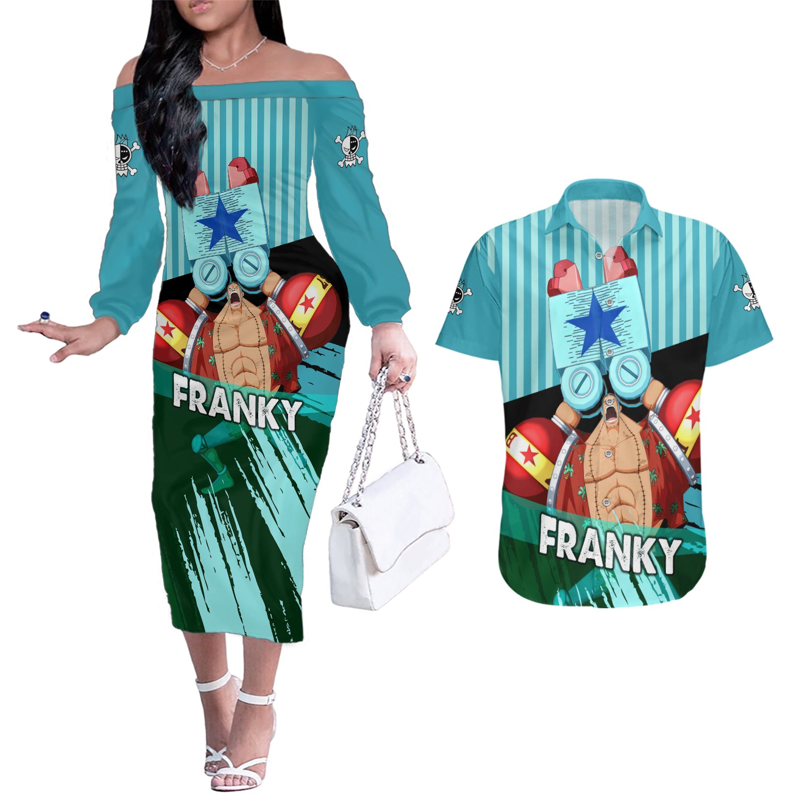 Franky One Piece Couples Matching Off The Shoulder Long Sleeve Dress and Hawaiian Shirt