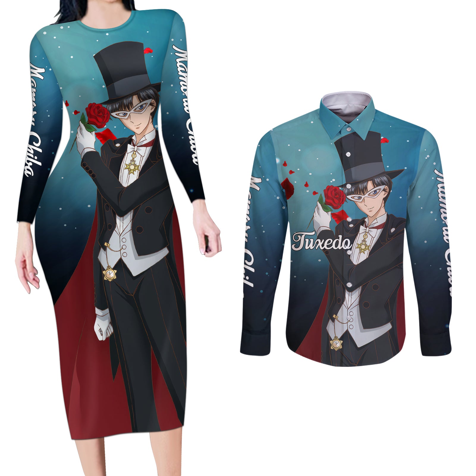 Tuxedo Anime Couples Matching Long Sleeve Bodycon Dress and Long Sleeve Button Shirt