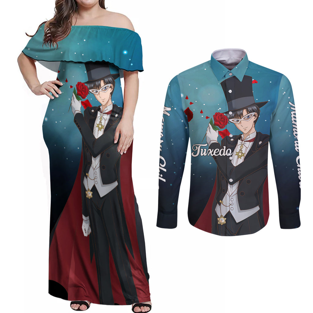 Tuxedo Anime Couples Matching Off Shoulder Maxi Dress and Long Sleeve Button Shirt