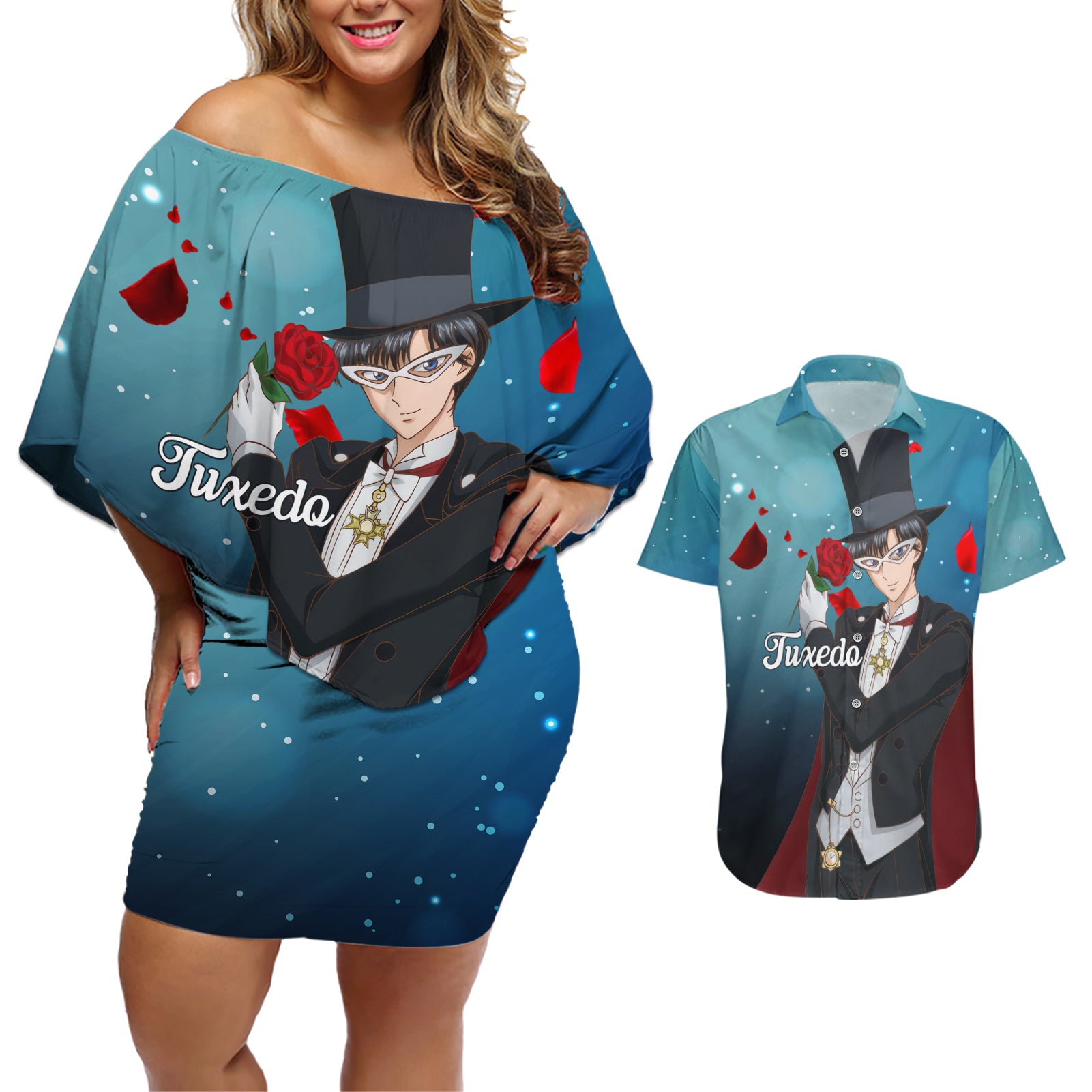 Tuxedo Anime Couples Matching Off Shoulder Short Dress and Hawaiian Shirt