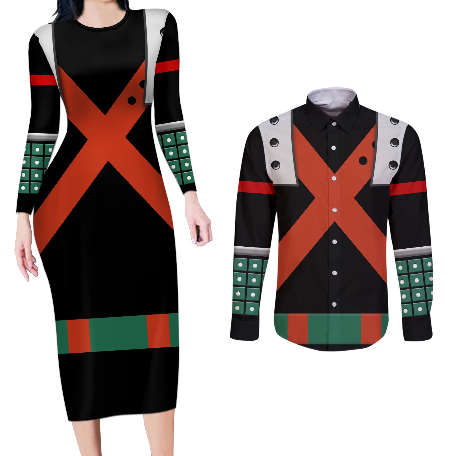 Katsuki Bakugo Uniform - Hero Anime Couples Matching Long Sleeve Bodycon Dress and Long Sleeve Button Shirt