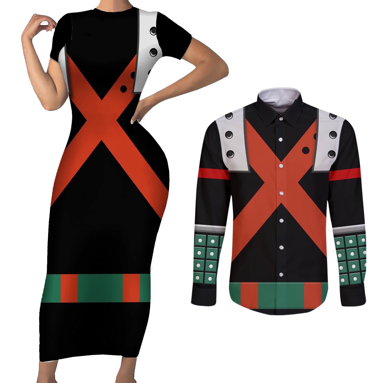 Katsuki Bakugo Uniform - Hero Anime Couples Matching Short Sleeve Bodycon Dress and Long Sleeve Button Shirt