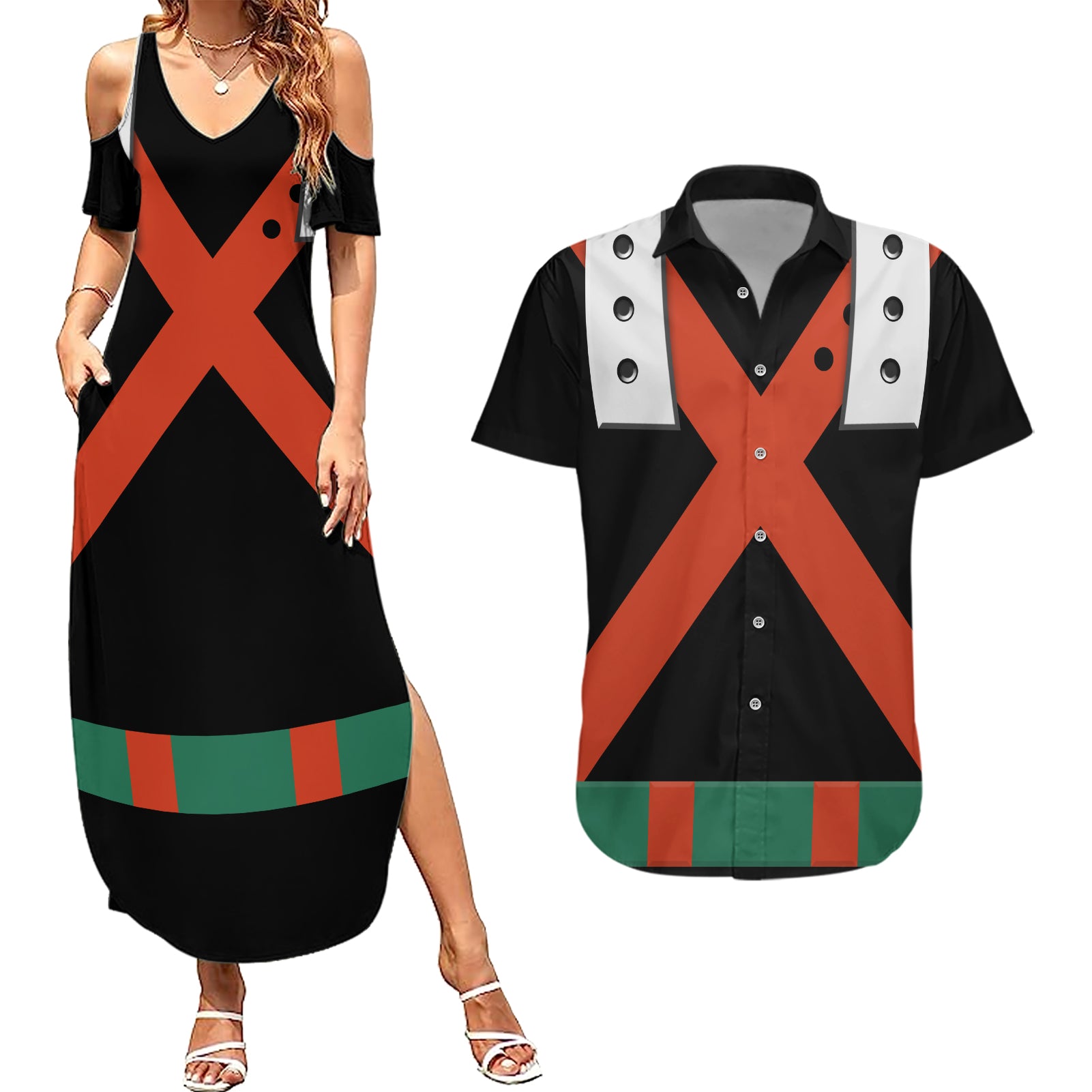 Katsuki Bakugo Uniform - Hero Anime Couples Matching Summer Maxi Dress and Hawaiian Shirt