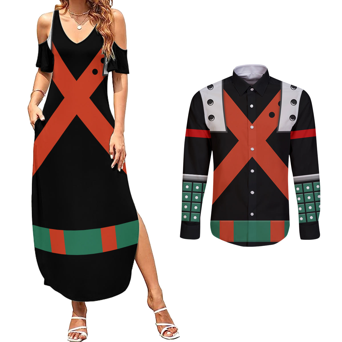 Katsuki Bakugo Uniform - Hero Anime Couples Matching Summer Maxi Dress and Long Sleeve Button Shirt