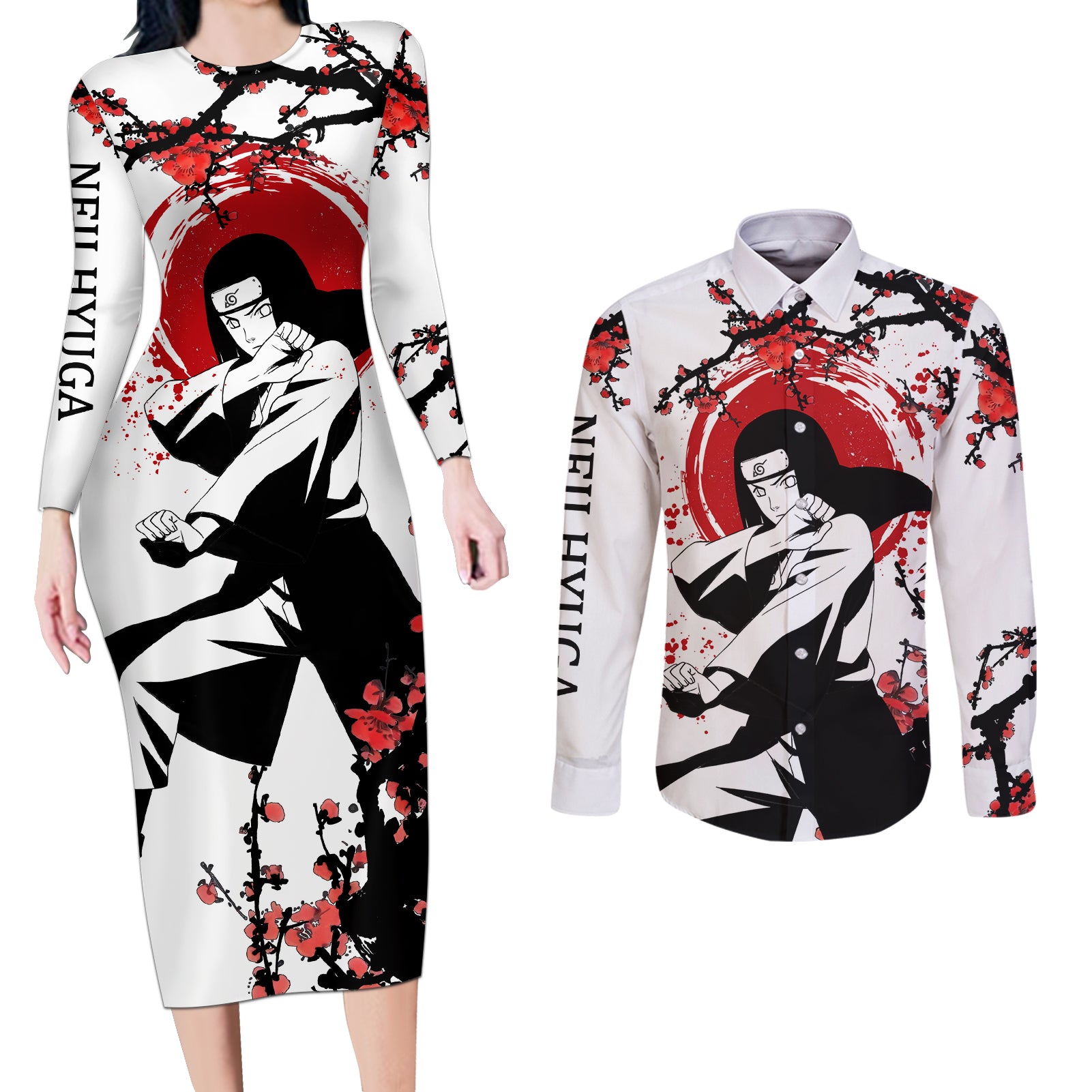 Neji Hyuga Couples Matching Long Sleeve Bodycon Dress and Long Sleeve Button Shirt