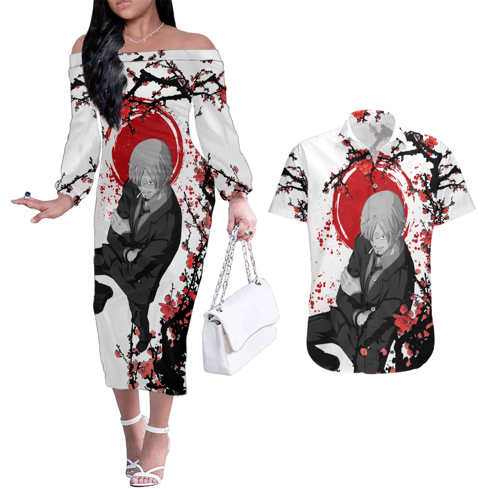 Vinsmoke Sanji One Piece Japan Style Anime Couples Matching Off The Shoulder Long Sleeve Dress and Hawaiian Shirt