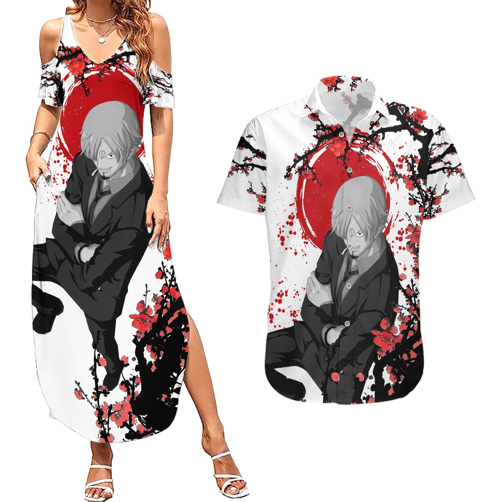 Vinsmoke Sanji One Piece Japan Style Anime Couples Matching Summer Maxi Dress and Hawaiian Shirt