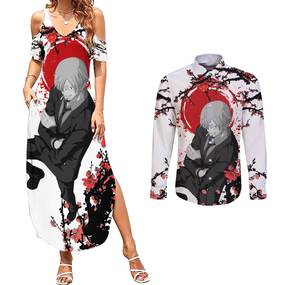 Vinsmoke Sanji One Piece Japan Style Anime Couples Matching Summer Maxi Dress and Long Sleeve Button Shirt