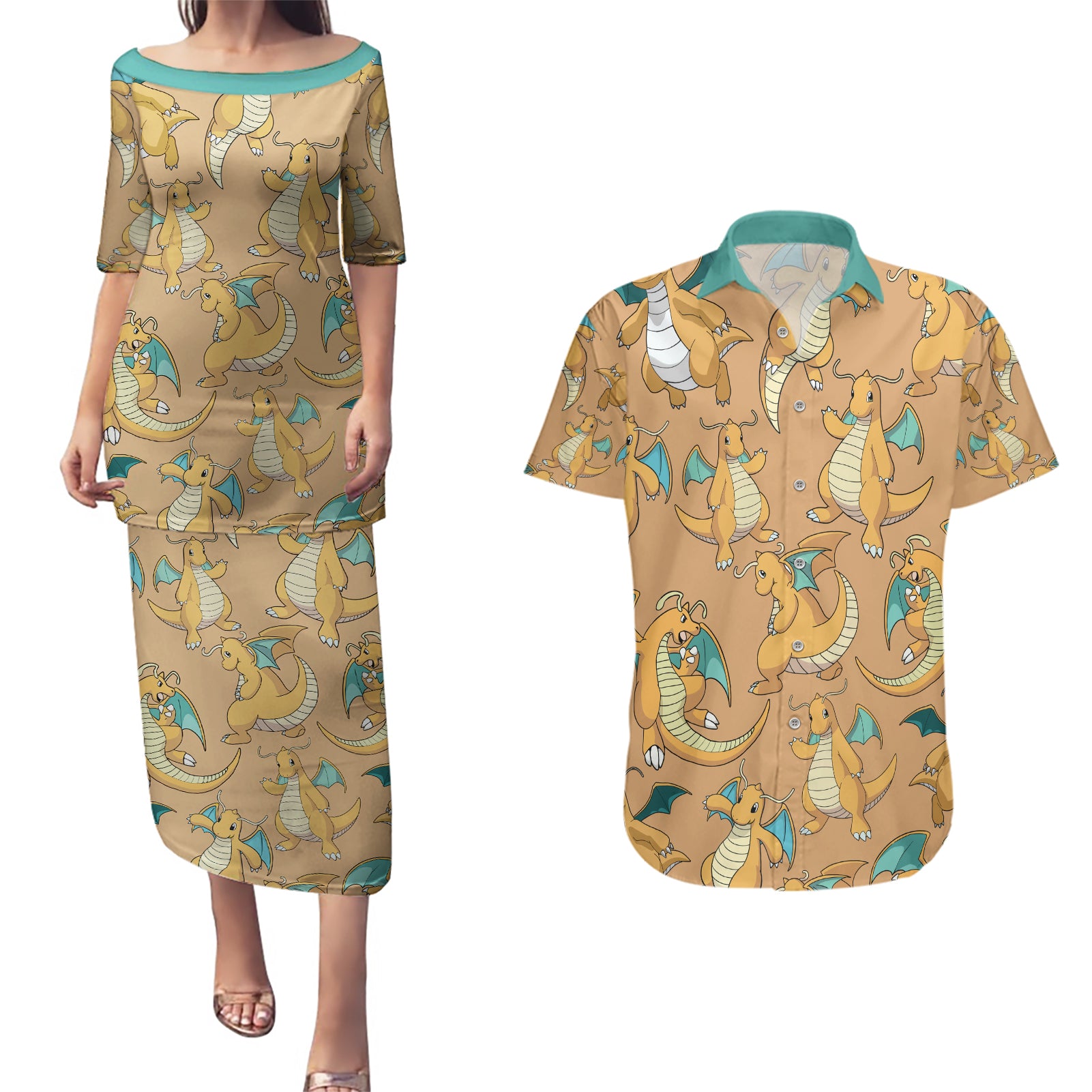 Dragonite Pattern Style Couples Matching Puletasi and Hawaiian Shirt