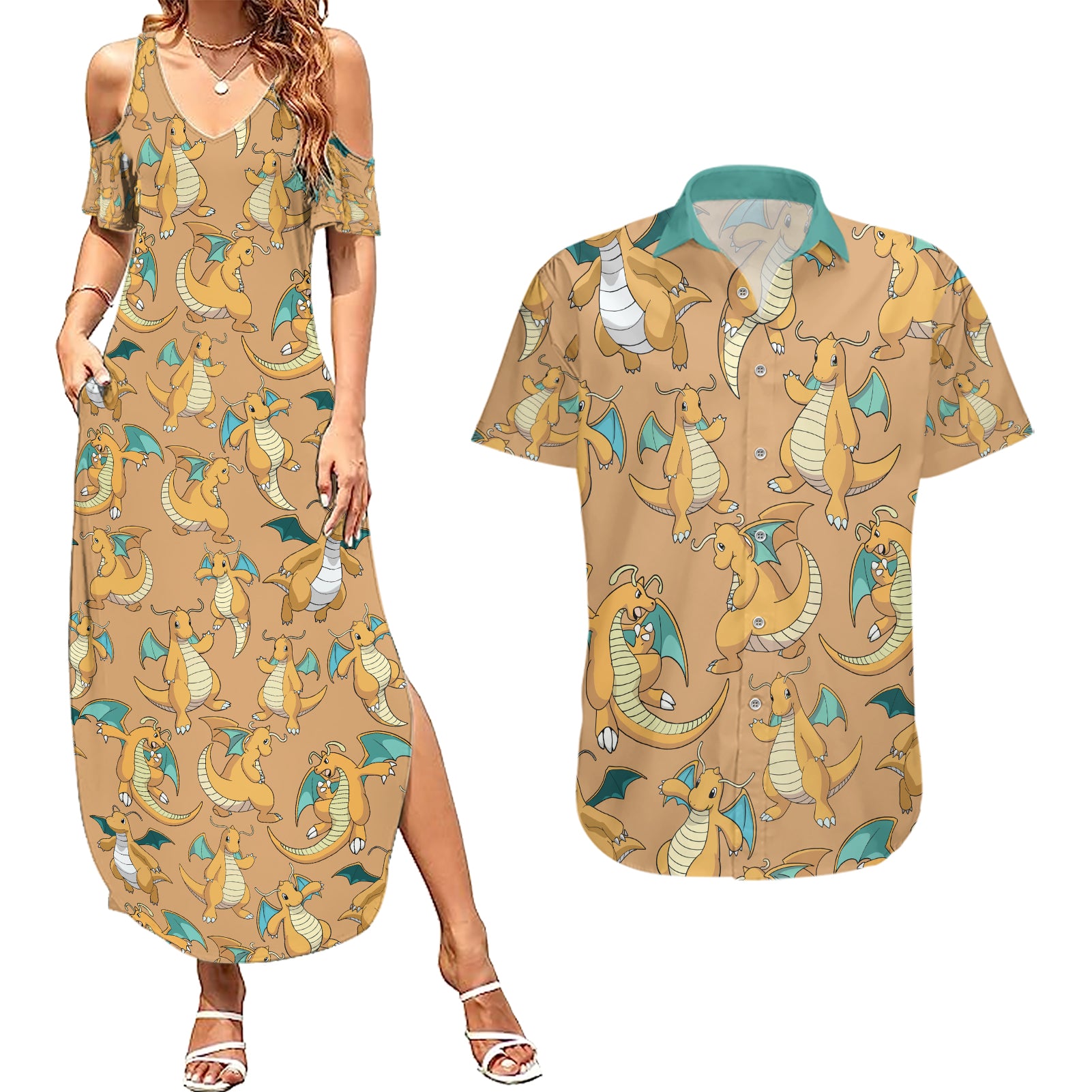 Dragonite Pattern Style Couples Matching Summer Maxi Dress and Hawaiian Shirt