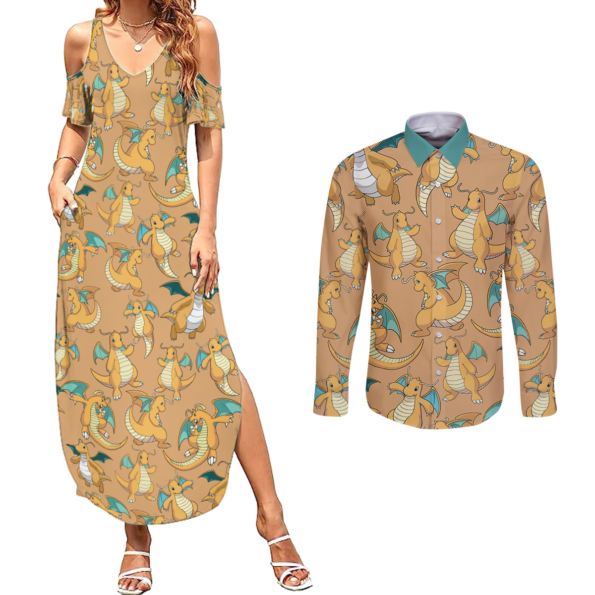 Dragonite Pattern Style Couples Matching Summer Maxi Dress and Long Sleeve Button Shirt