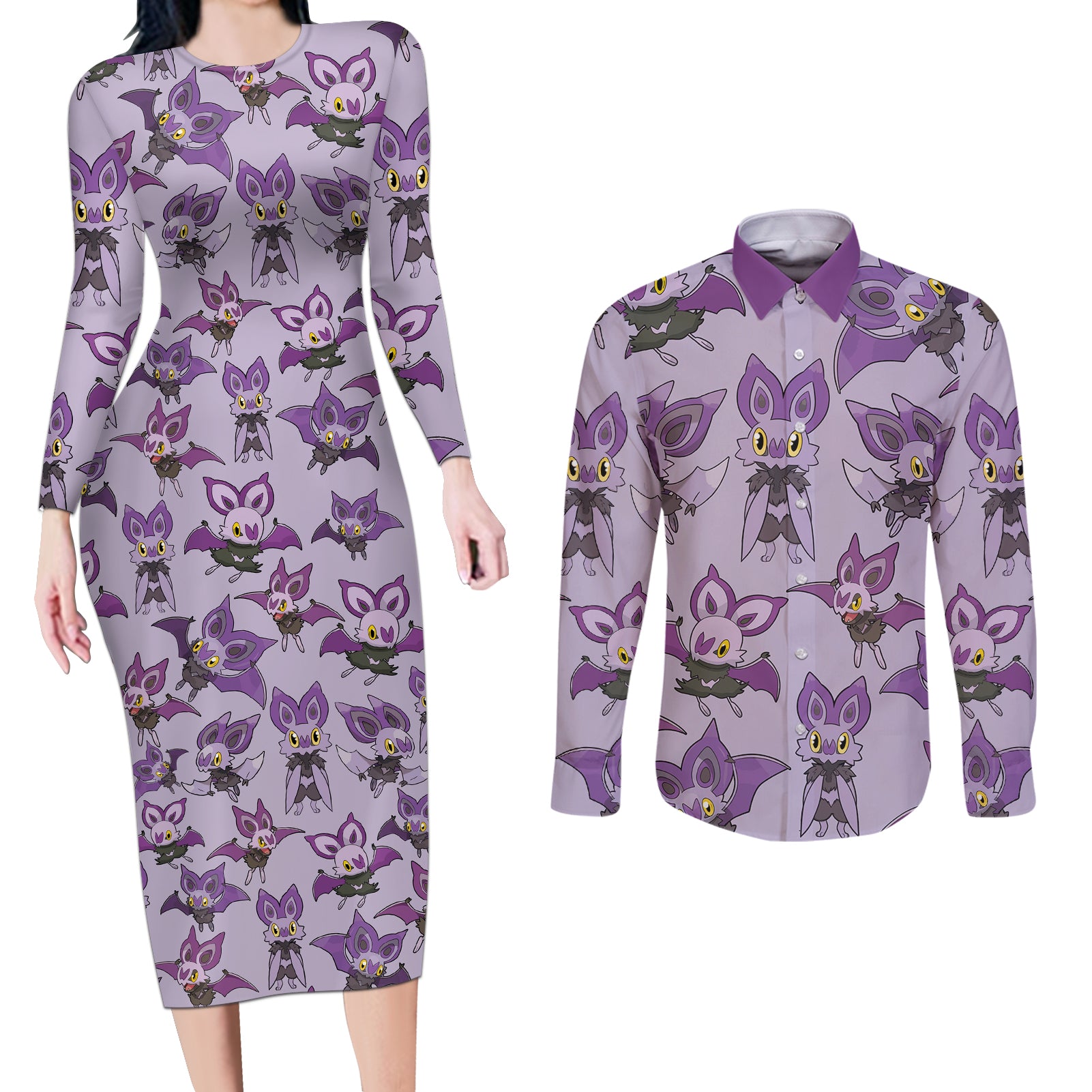 Noibat Clothes Pattern Style Couples Matching Long Sleeve Bodycon Dress and Long Sleeve Button Shirt