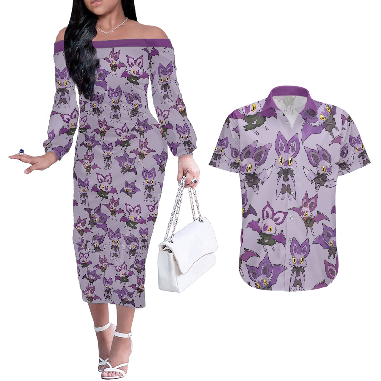 Noibat Clothes Pattern Style Couples Matching Off The Shoulder Long Sleeve Dress and Hawaiian Shirt