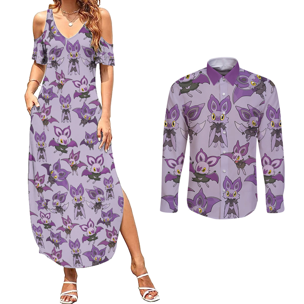 Noibat Clothes Pattern Style Couples Matching Summer Maxi Dress and Long Sleeve Button Shirt