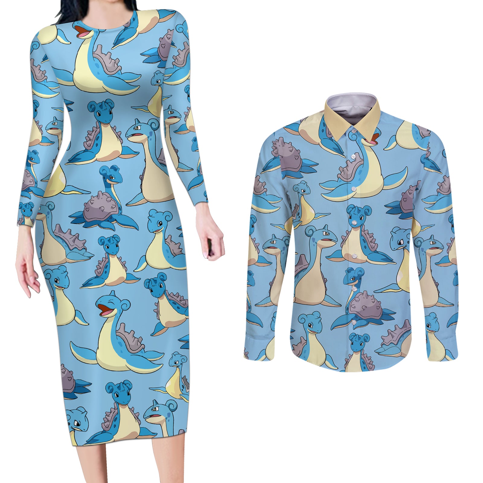 Lapras Clothes Pattern Style Couples Matching Long Sleeve Bodycon Dress and Long Sleeve Button Shirt