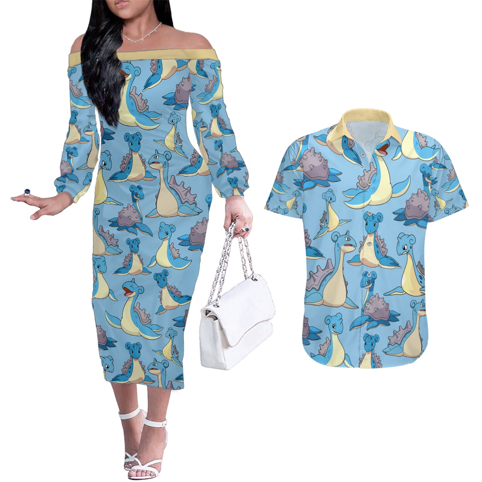 Lapras Clothes Pattern Style Couples Matching Off The Shoulder Long Sleeve Dress and Hawaiian Shirt