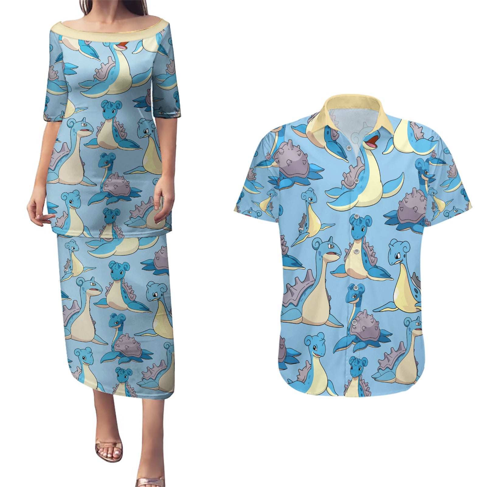 Lapras Clothes Pattern Style Couples Matching Puletasi and Hawaiian Shirt