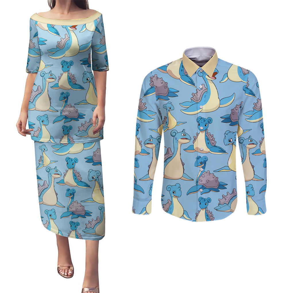 Lapras Clothes Pattern Style Couples Matching Puletasi and Long Sleeve Button Shirt