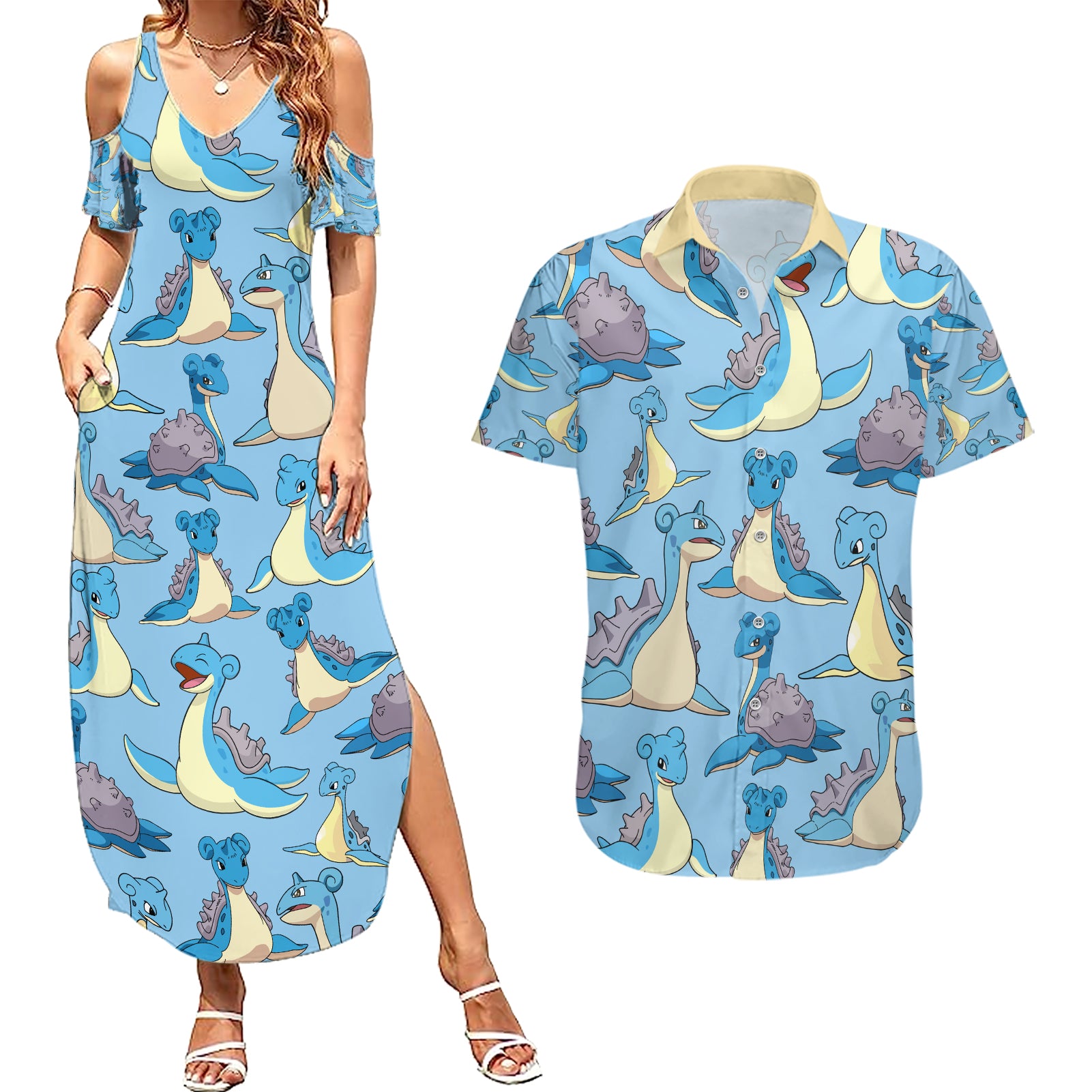 Lapras Clothes Pattern Style Couples Matching Summer Maxi Dress and Hawaiian Shirt