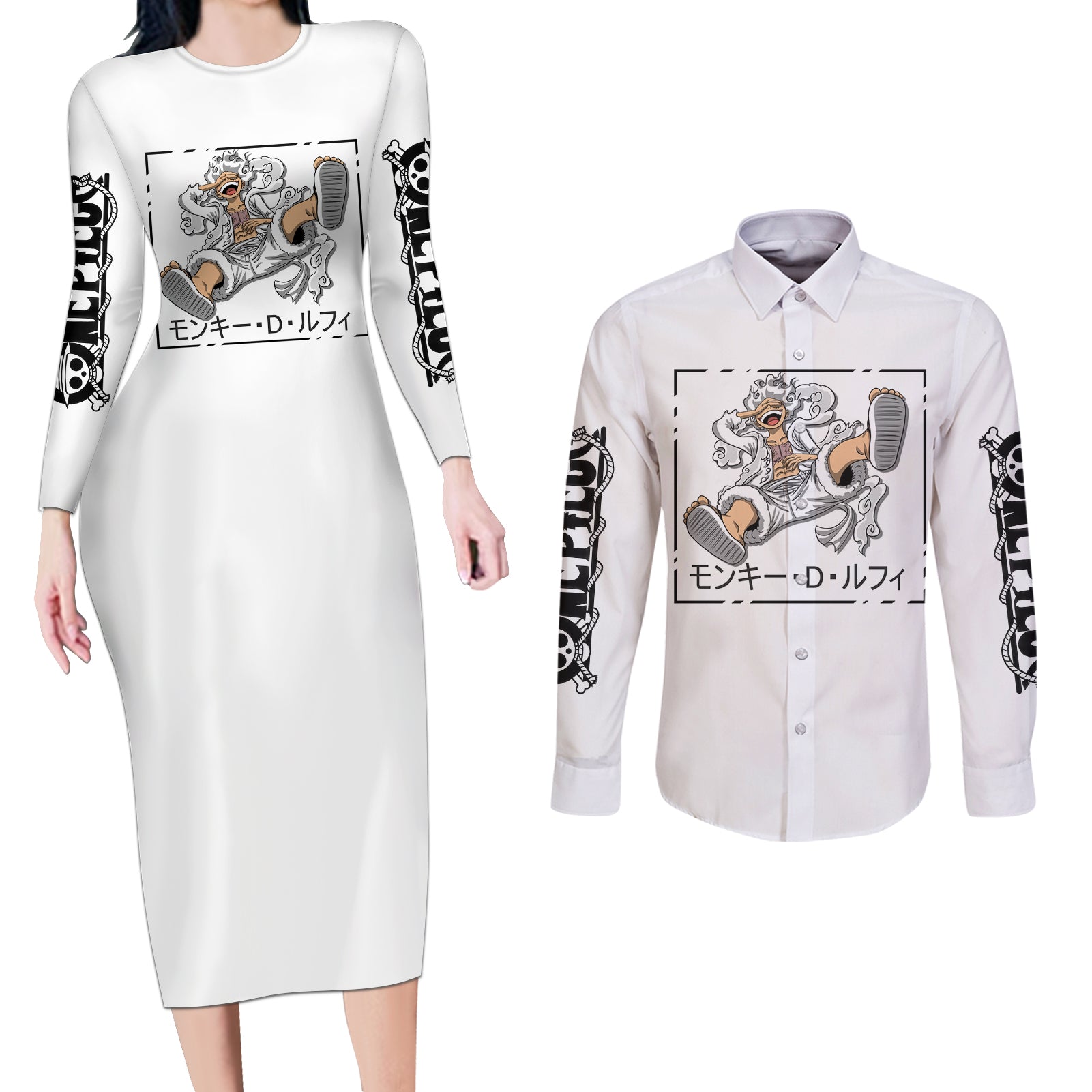 Luffy Gear 5 White Hair One Piece Streetstyle Couples Matching Long Sleeve Bodycon Dress and Long Sleeve Button Shirt