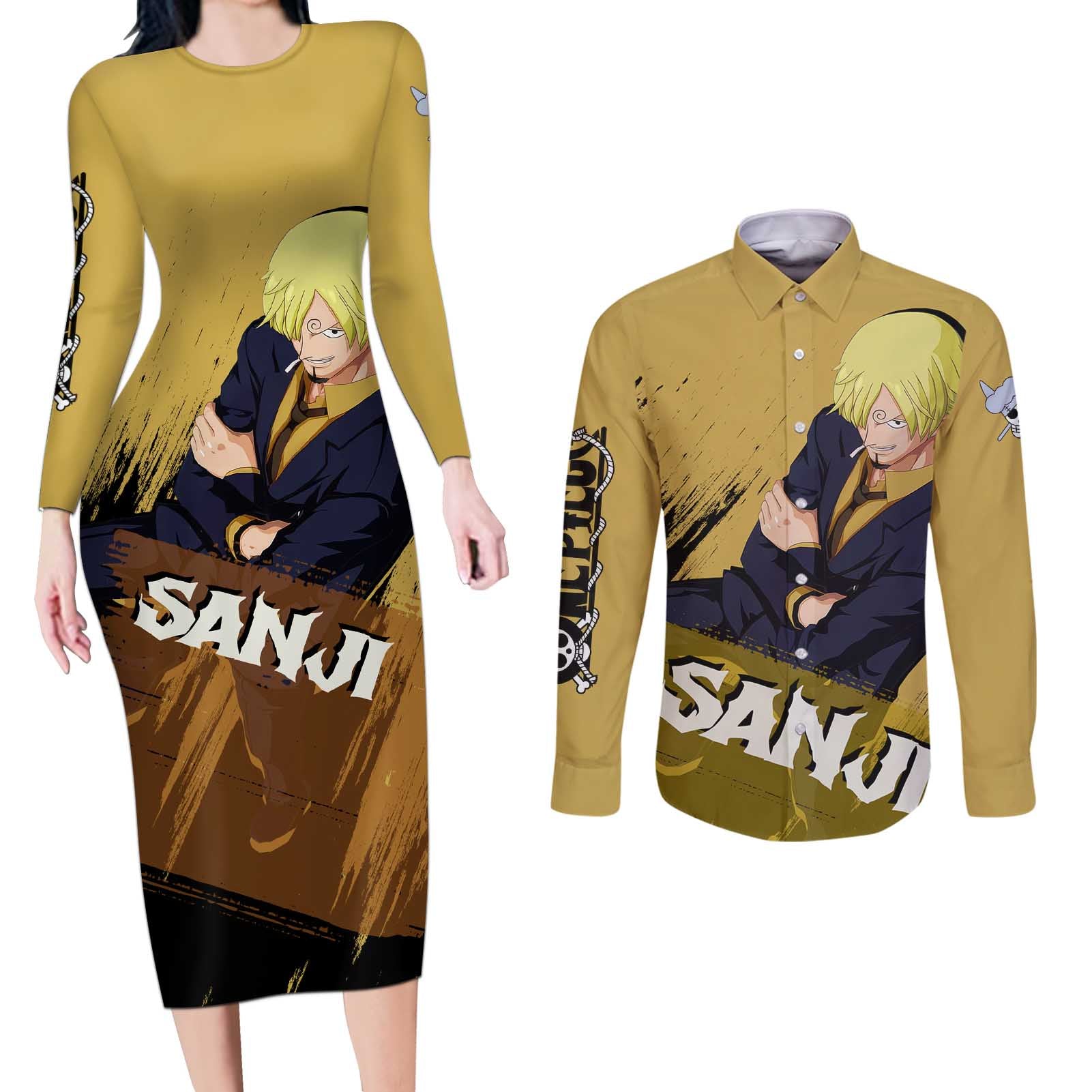 Vinsmoke Sanji - One Piece Couples Matching Long Sleeve Bodycon Dress and Long Sleeve Button Shirt Anime Style