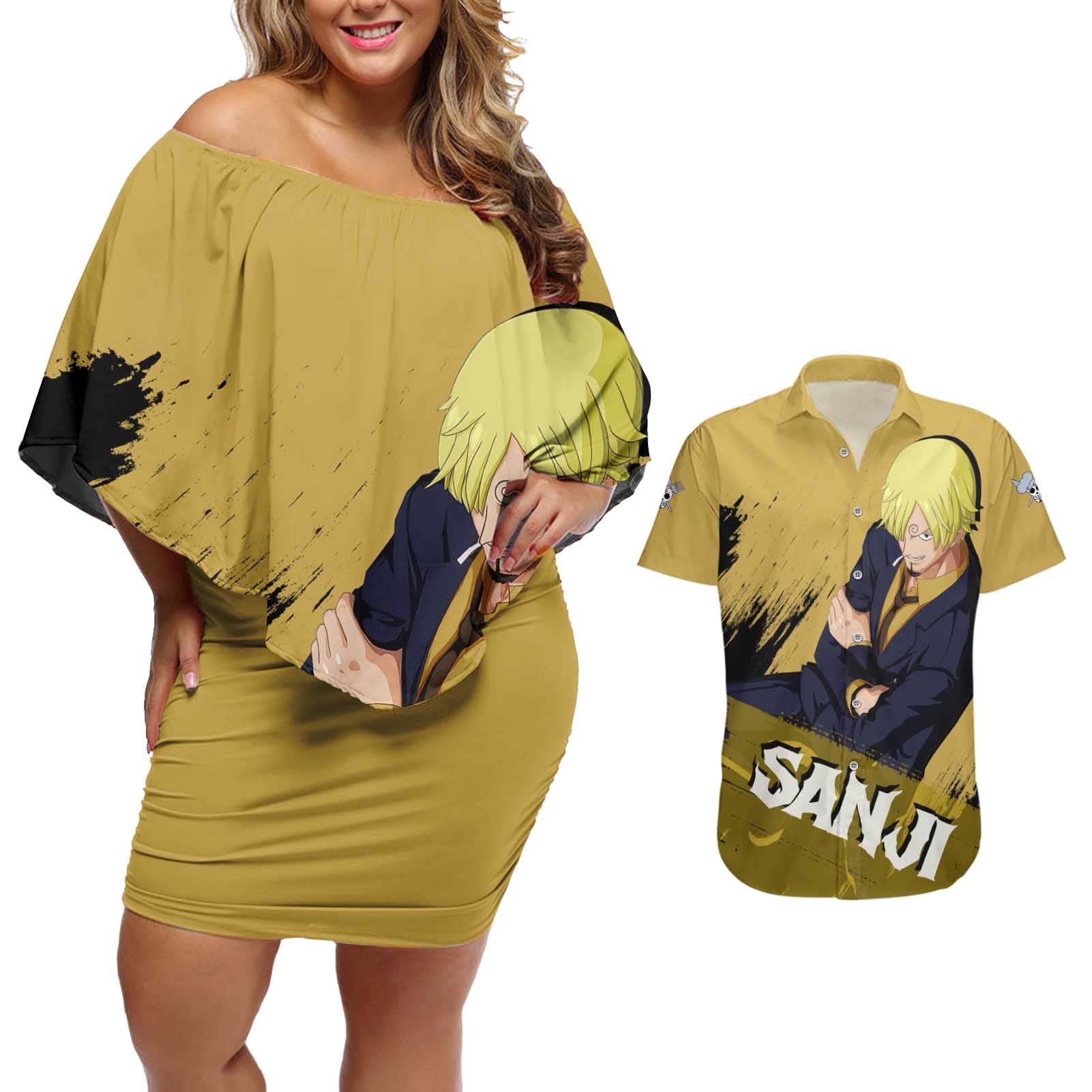 Vinsmoke Sanji - One Piece Couples Matching Off Shoulder Short Dress and Hawaiian Shirt Anime Style