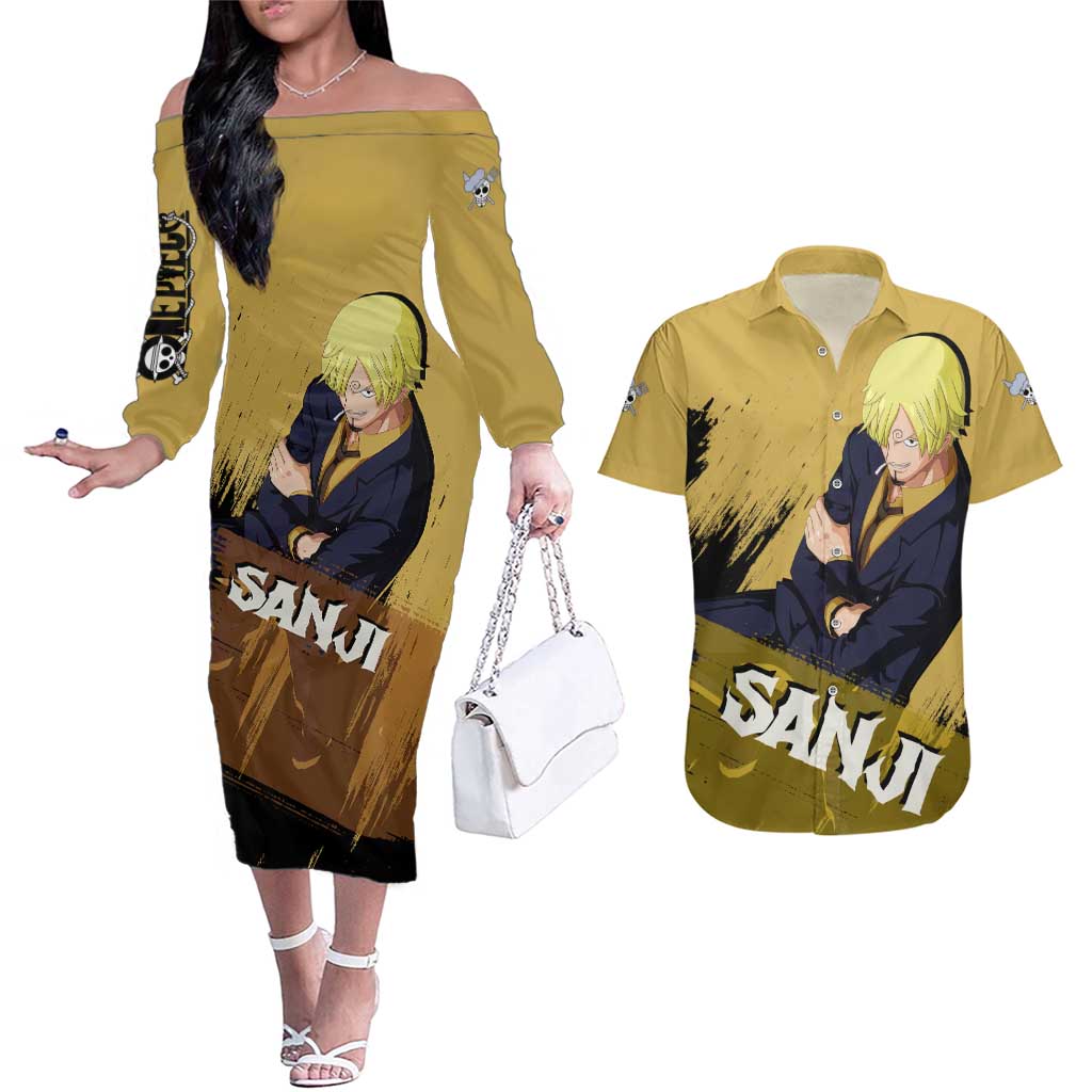 Vinsmoke Sanji - One Piece Couples Matching Off The Shoulder Long Sleeve Dress and Hawaiian Shirt Anime Style